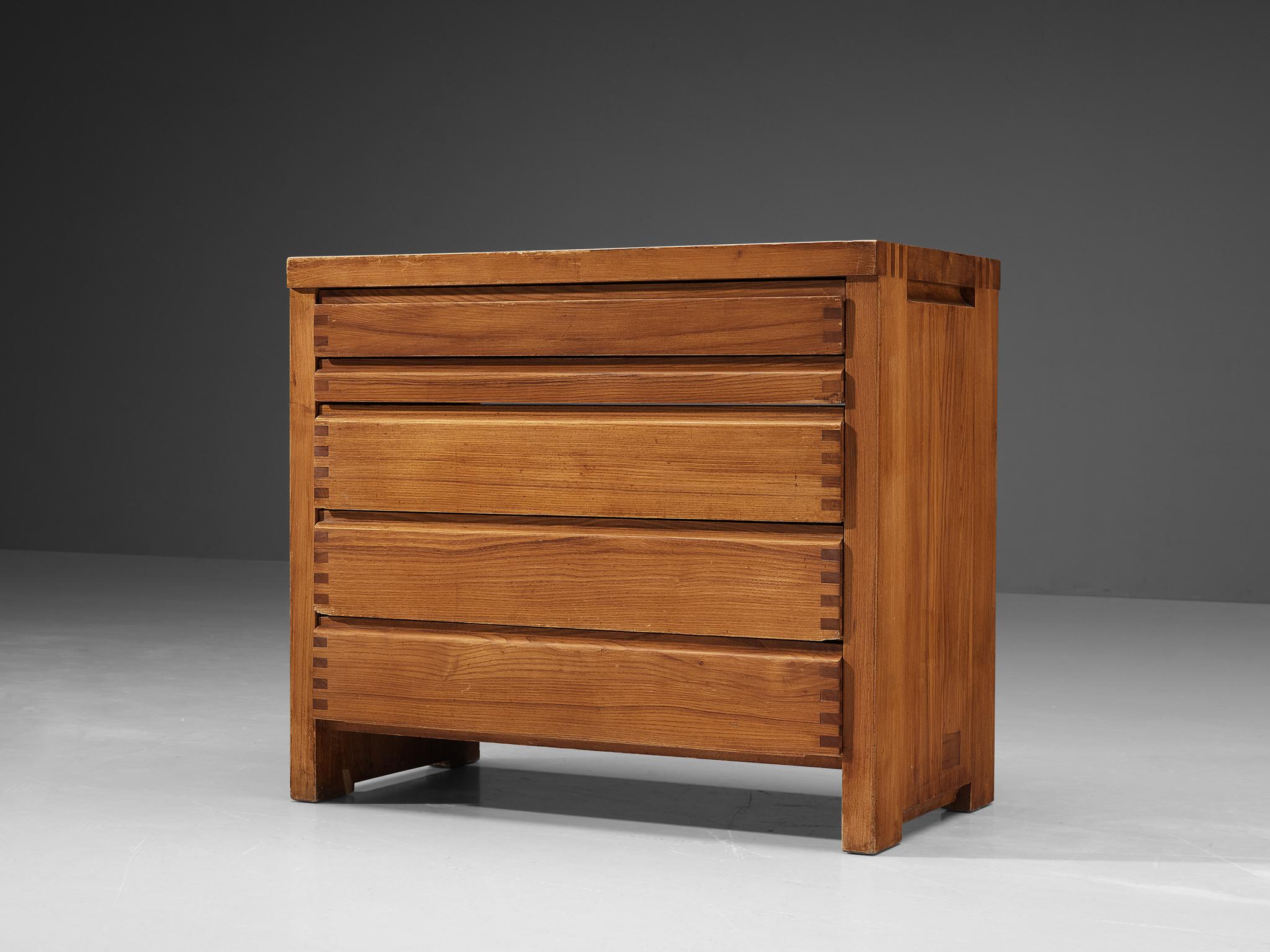 Pierre Chapo, chest of drawers, model 'R09A', solid elm, France, circa 1960

Beautifully crafted commode that combines a simplified yet complex design with nifty, solid construction details that characterize Chapo's work. The five drawers of which