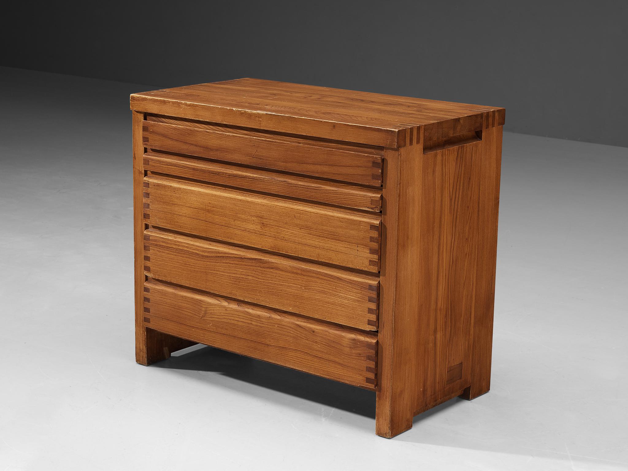 Pierre Chapo Commode with Five Drawers in Solid Elm In Good Condition In Waalwijk, NL