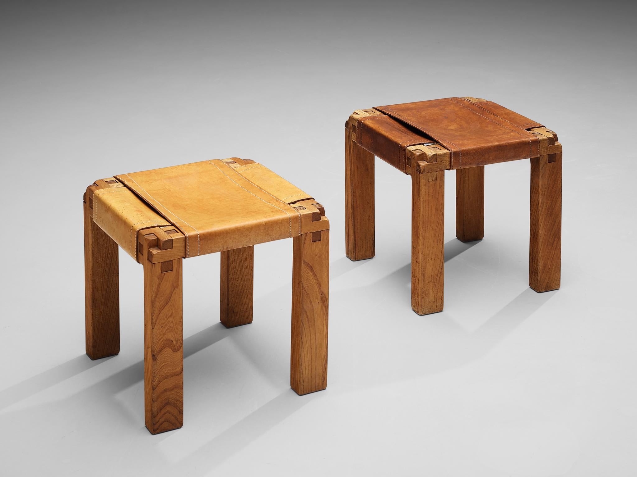 Pierre Chapo, pair of stools S11X, elm, cognac leather, France, circa 1966

The S11X stool by Pierre Chapo shows great craftsmanship. The two leather sheets are wrapped around the elm wood frame. Chapo designed the S11 chairs and the stool with a