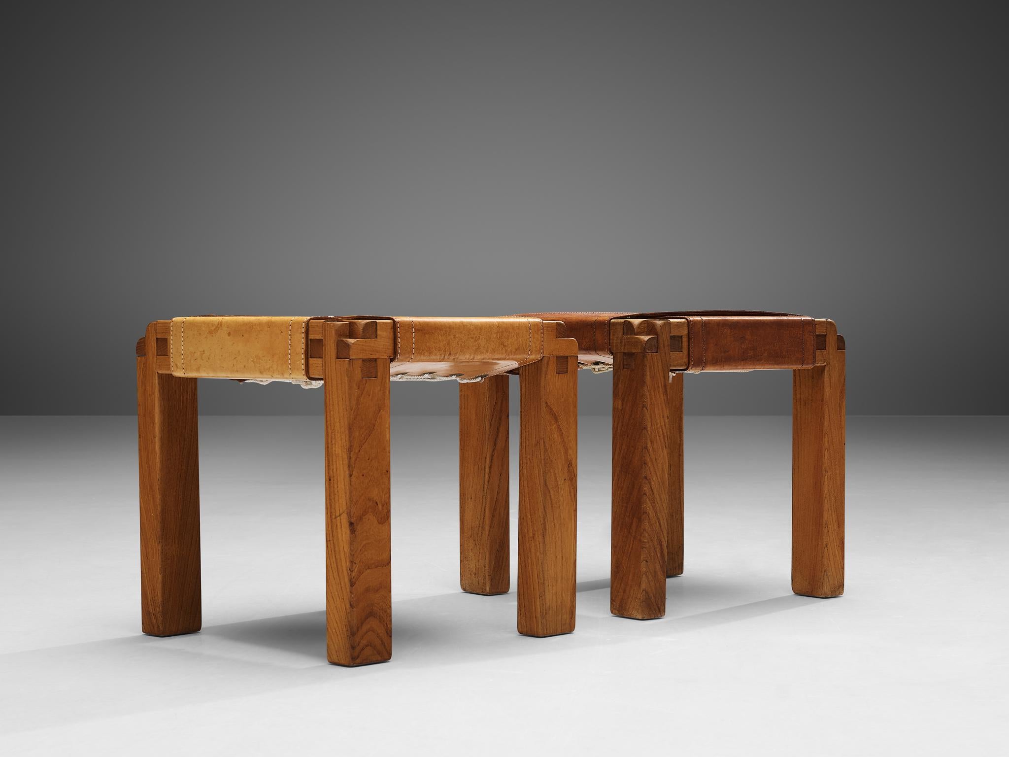 French Pierre Chapo Rare Pair of Stools S11X in Elm and Cognac Leather