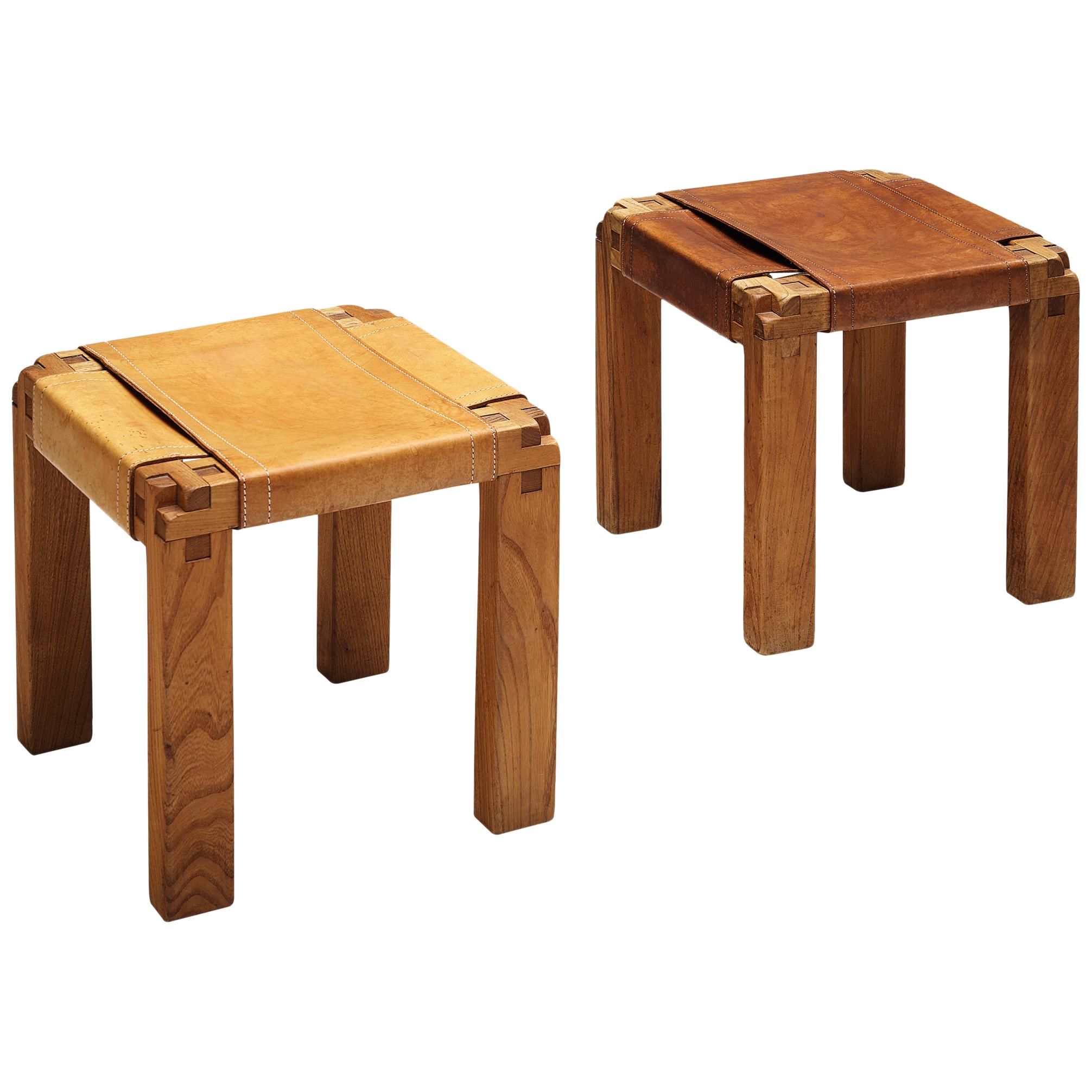 Pierre Chapo Rare Pair of Stools S11X in Elm and Cognac Leather