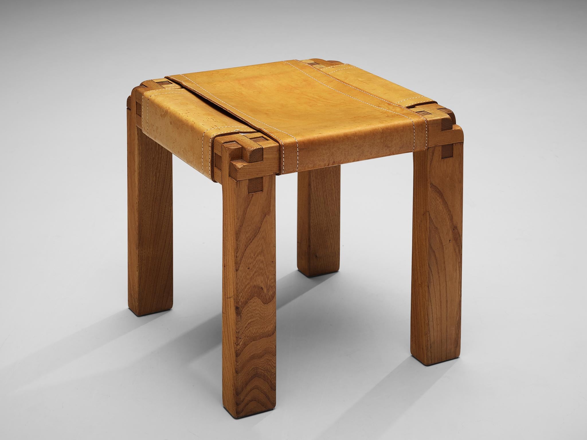 Pierre Chapo Rare Stool S11X in Elm and Cognac Leather In Good Condition In Waalwijk, NL