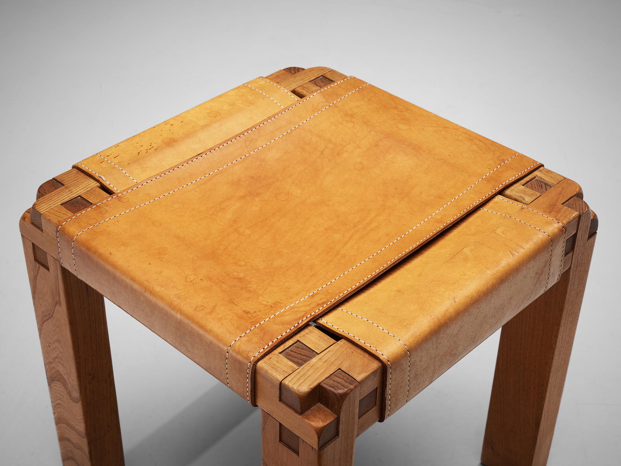 Pierre Chapo Rare Stool S11X in Elm and Cognac Leather 3