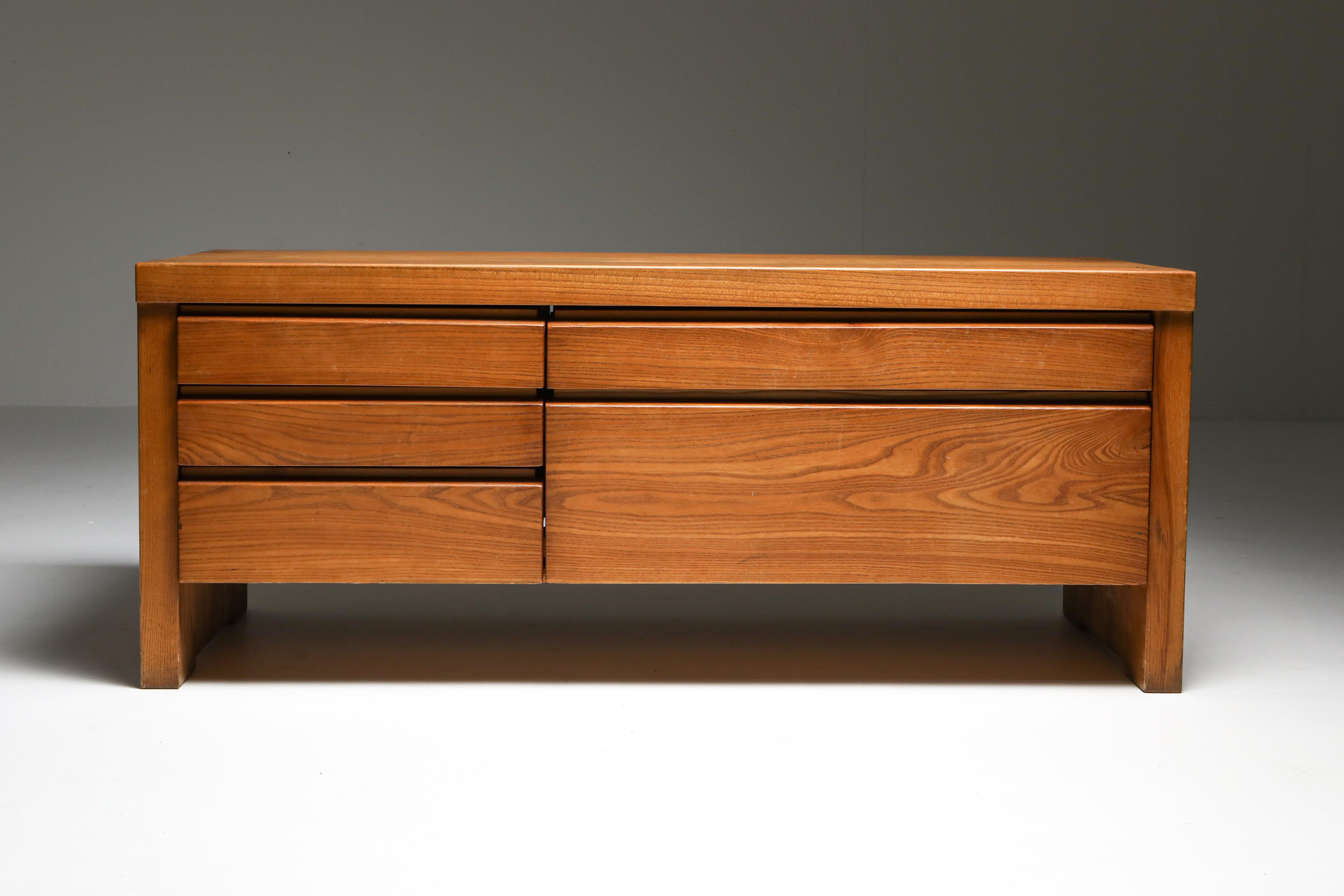 Lowboard, Pierre Chapo (1927-1987) French architect and master furniture maker, model R14, French Elm

Mid-Century Modern important sought after design piece.
Designed in 1965, the R14 cabinet upset the codes for this type of furniture.
R14 was