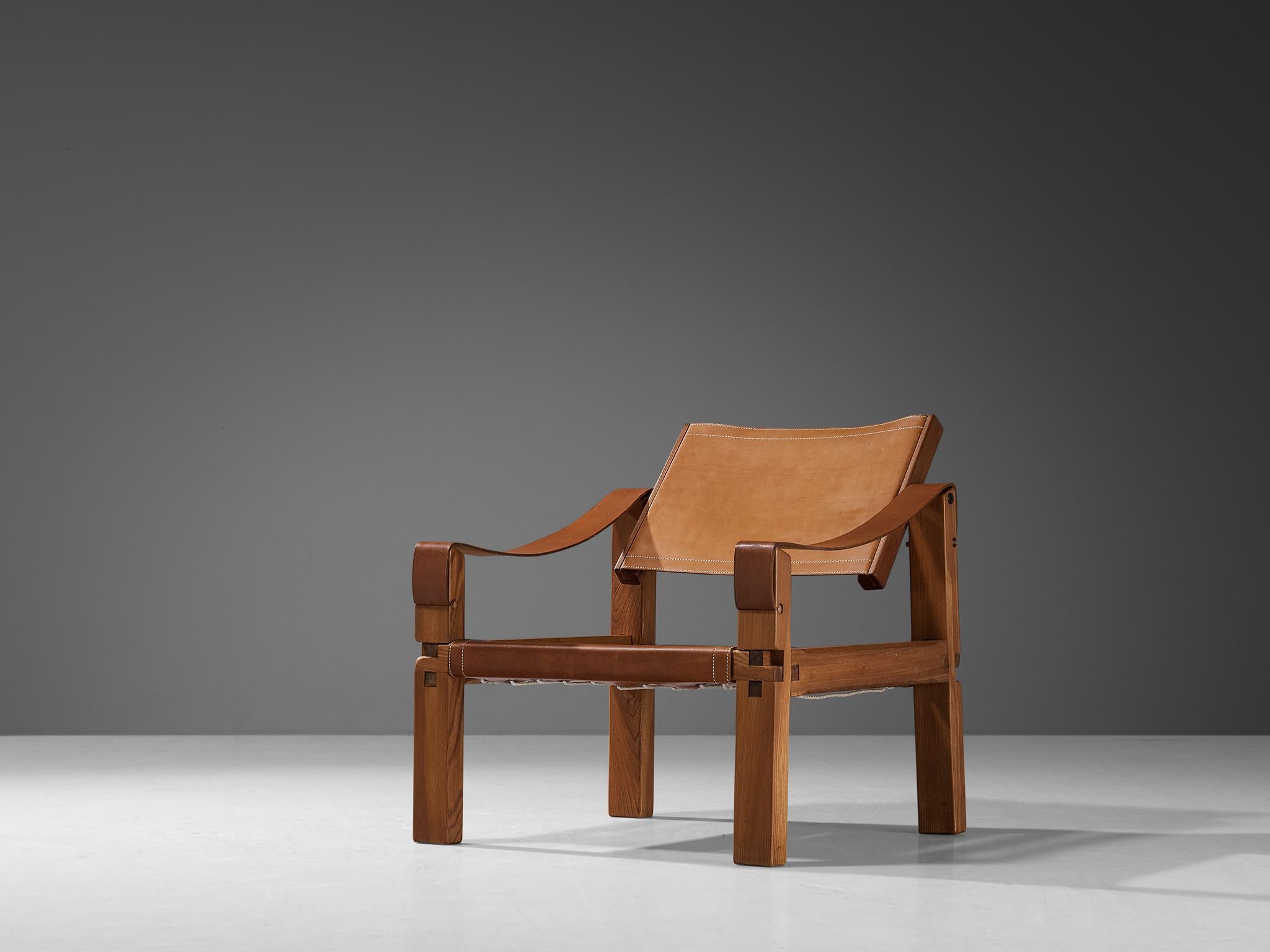Früher Pierre Chapo 'S10X' Sessel aus cognacfarbenem Leder und Ulme (Mitte des 20. Jahrhunderts) im Angebot