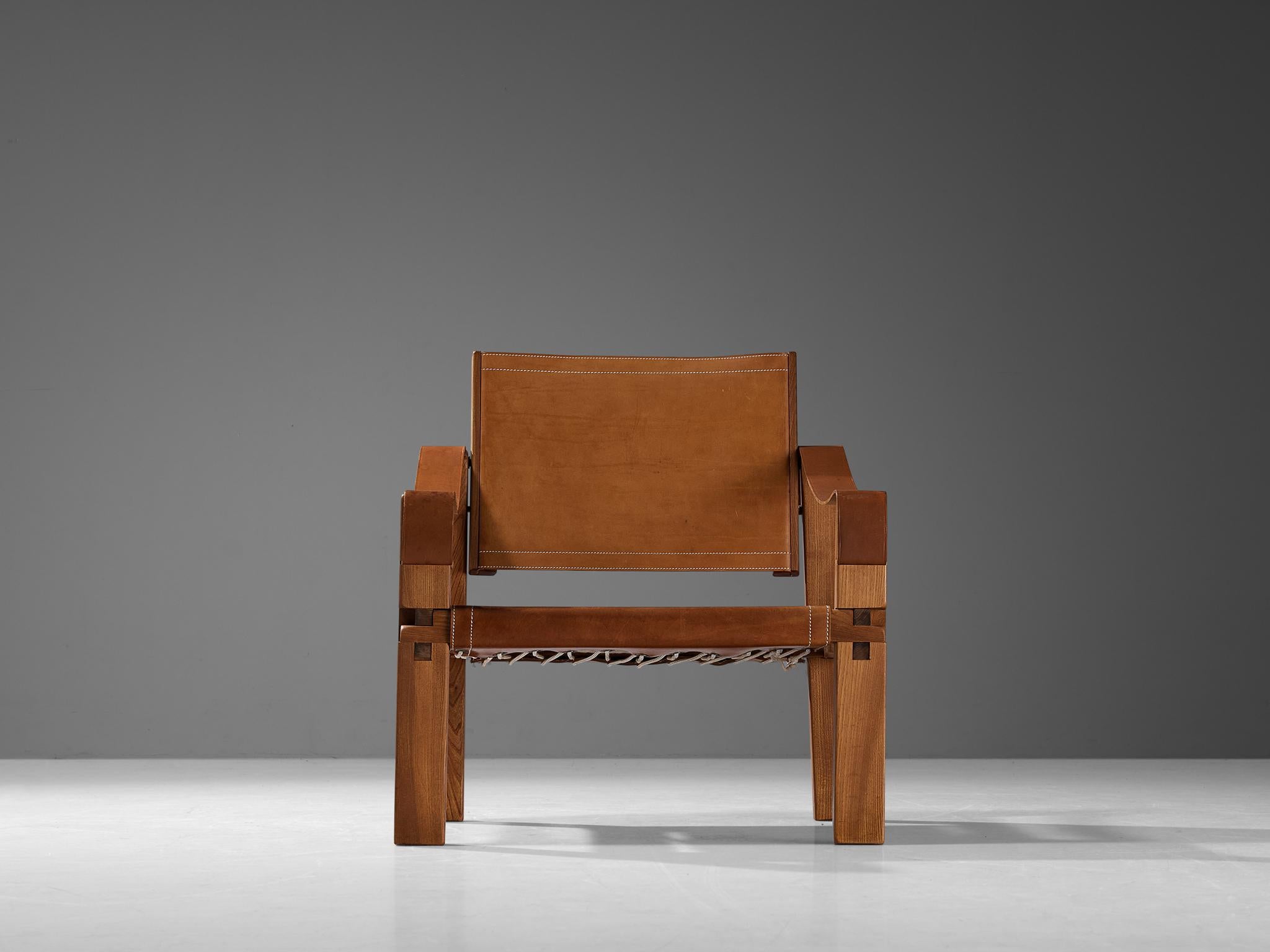 Early Pierre Chapo 'S10X' Armchair in Cognac Leather and Elm For Sale 2