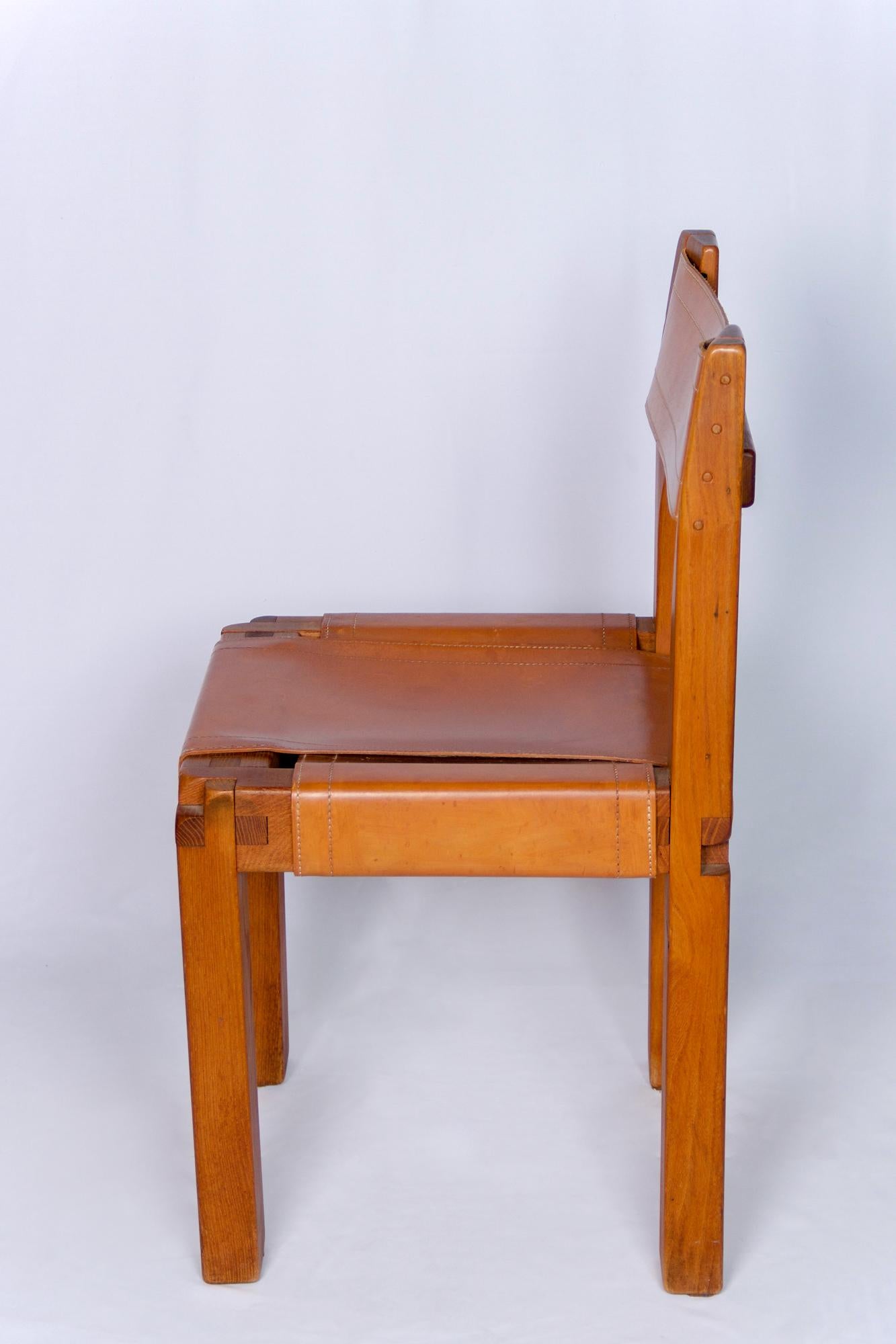 Pierre Chapo (1927-1987)

Desk chair, model S. 11, circa 1960
Elm wood, stitched Havana leather seat and back
Stamped 'Chapo'

Measures: Haut. 78 cm - assise : 43 x 43 cm.

This iconic model was exhibited at the Salon des Arts Ménagers in