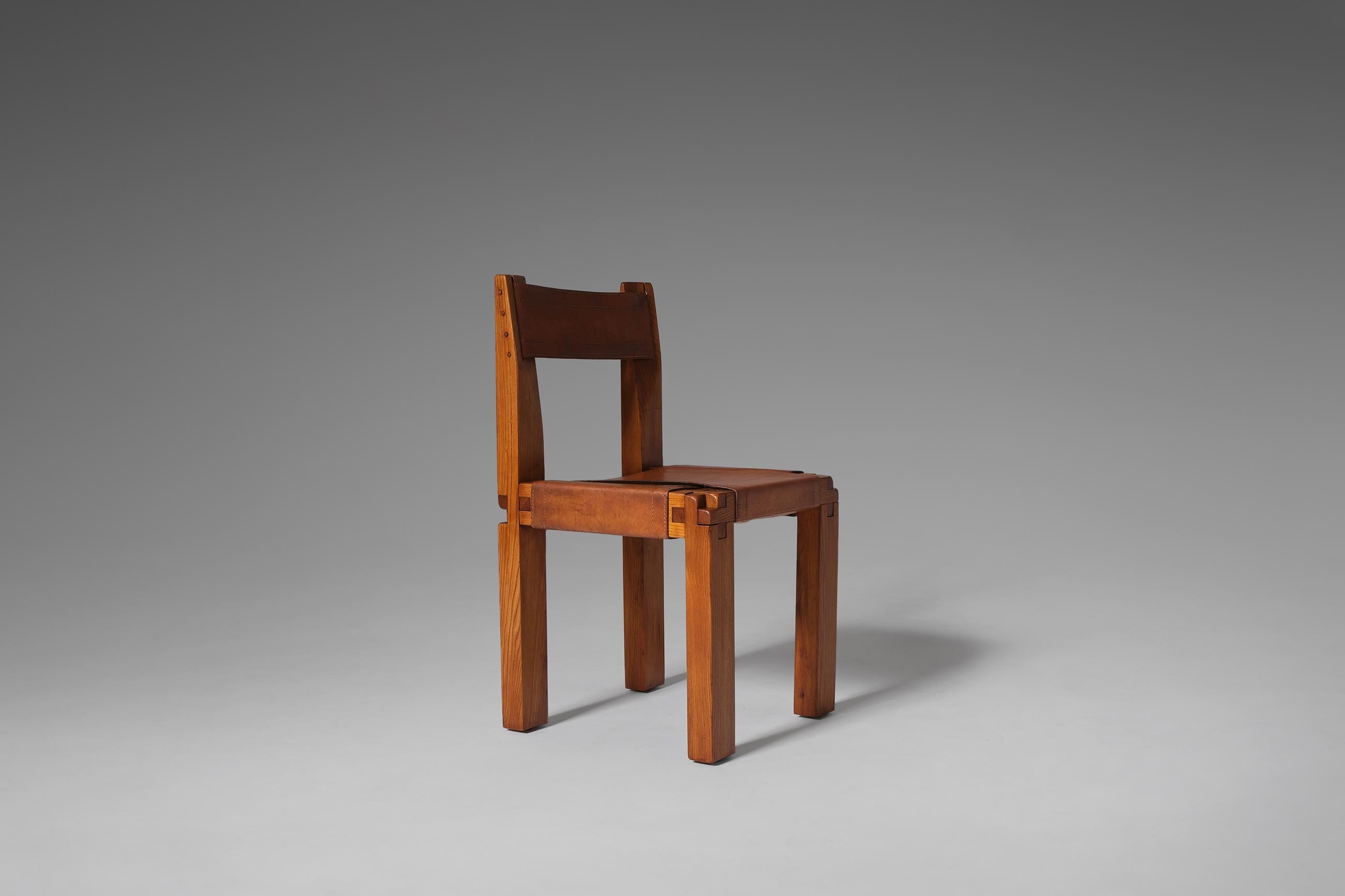 Pierre Chapo ‘S11’ Chairs in Solid Elm & Leather, Set of 8 5