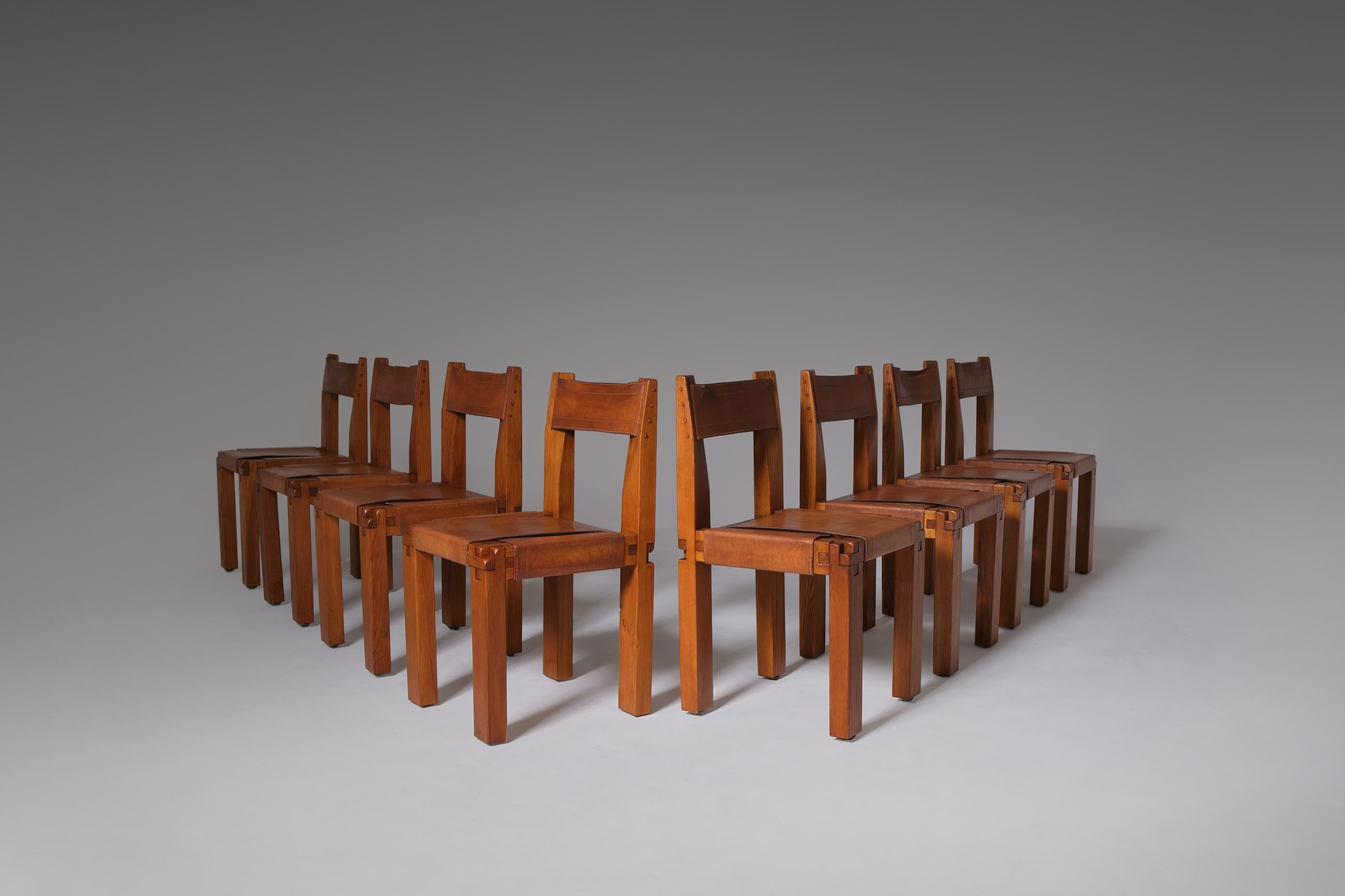 Mid-Century Modern Pierre Chapo ‘S11’ Chairs in Solid Elm & Leather, Set of 8