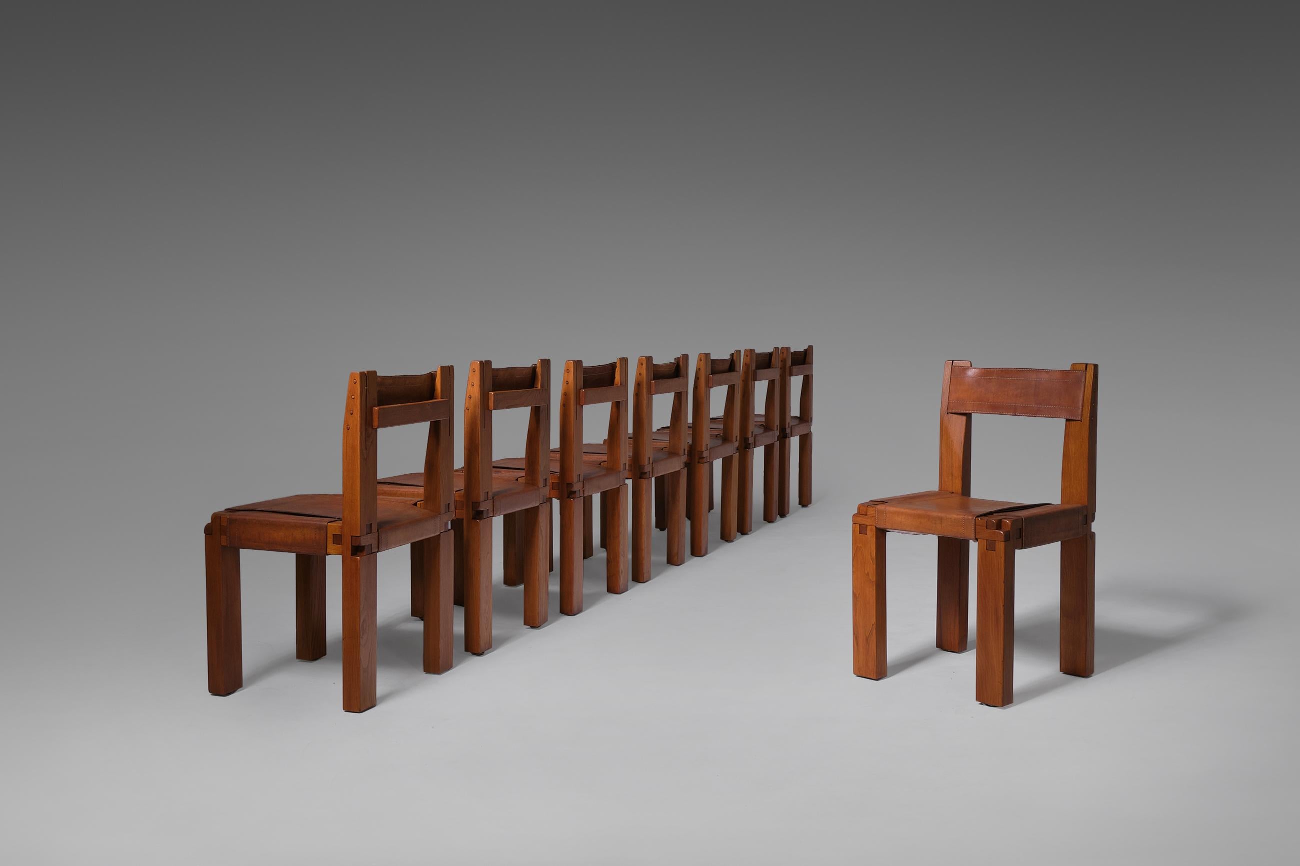 French Pierre Chapo ‘S11’ Chairs in Solid Elm & Leather, Set of 8