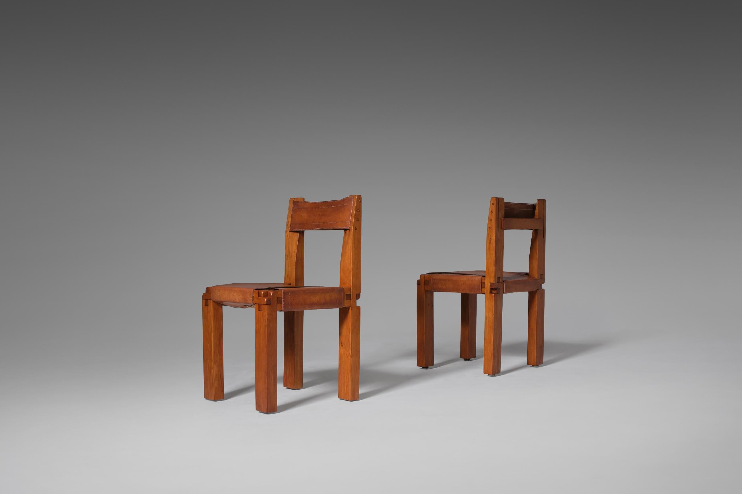 20th Century Pierre Chapo ‘S11’ Chairs in Solid Elm & Leather, Set of 8