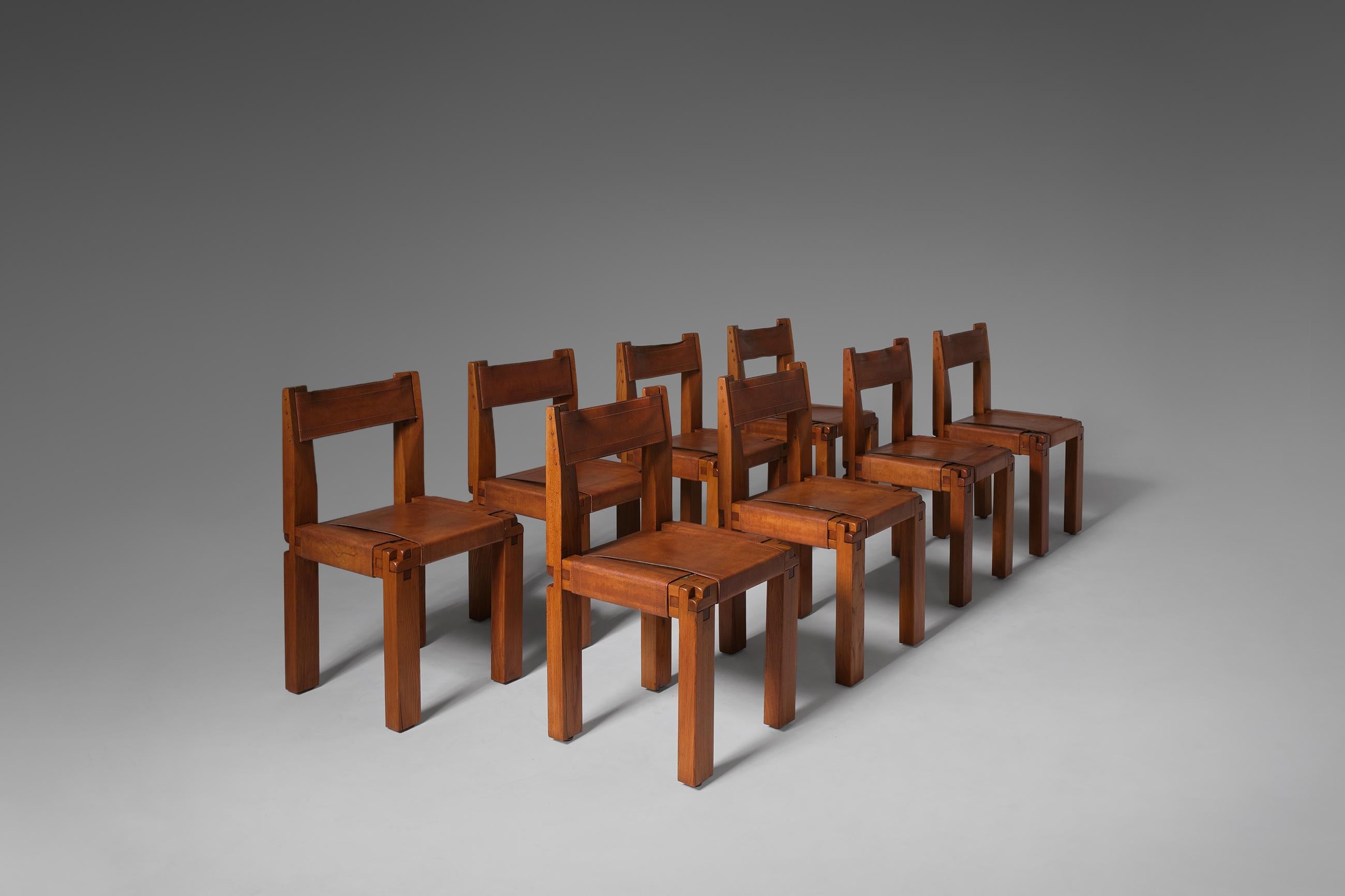Pierre Chapo ‘S11’ Chairs in Solid Elm & Leather, Set of 8 2