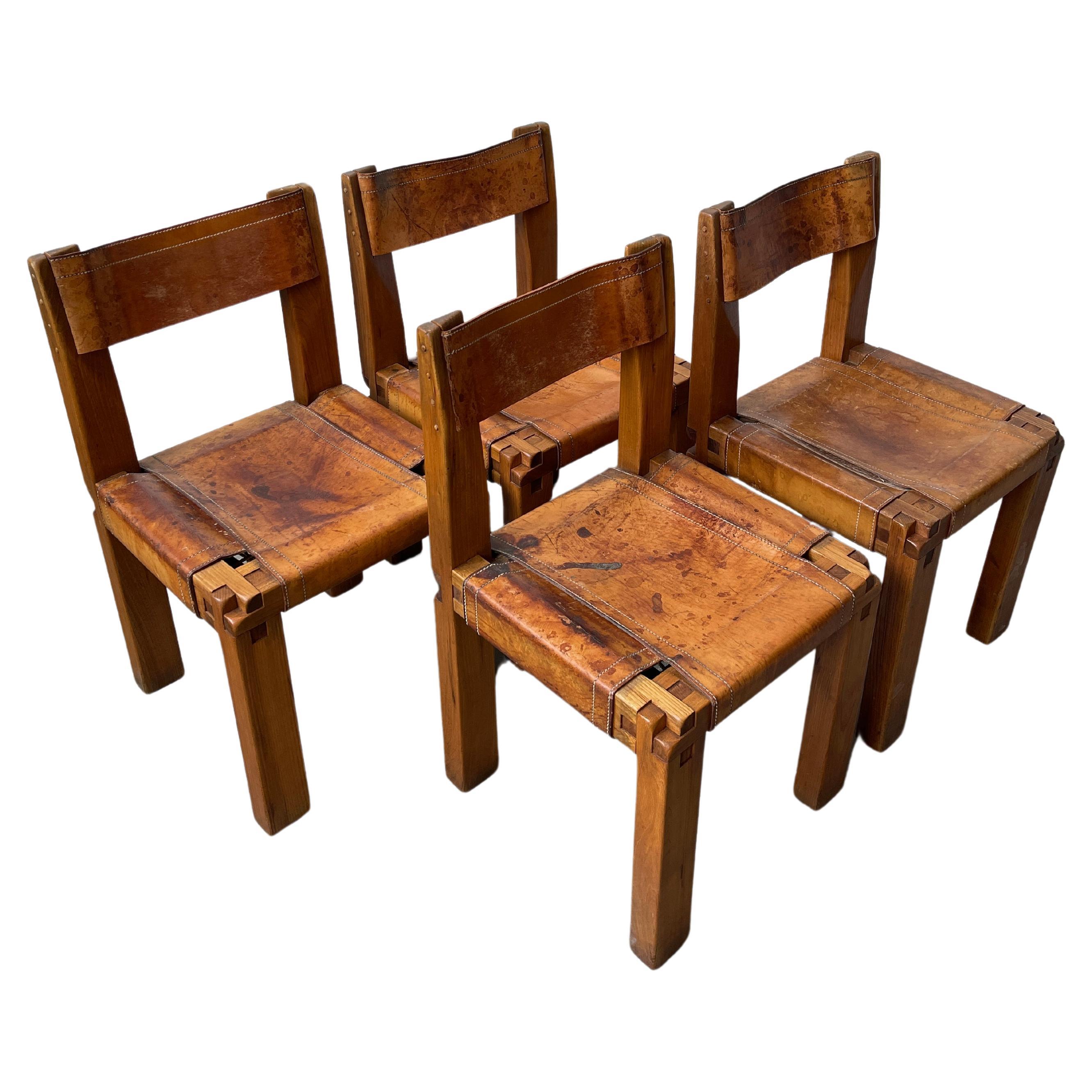 Pierre Chapo S11 Chairs Set of 4 - Beautiful Stunning Patina (en anglais) en vente