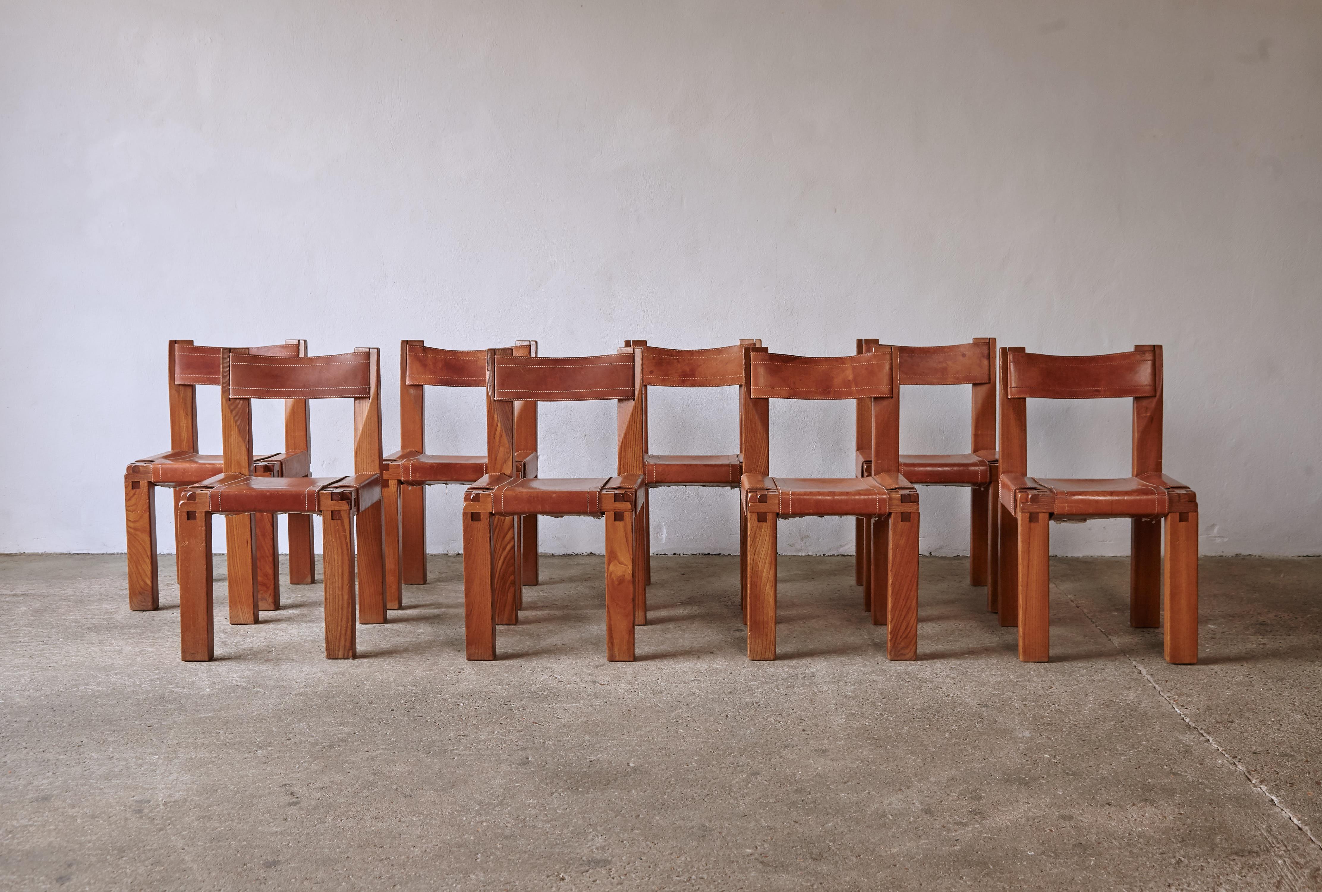 Set of eight Pierre Chapo S11 chairs in original condition, France, 1960s. Elm, leather. Sold as a set. Fast shipping worldwide.



