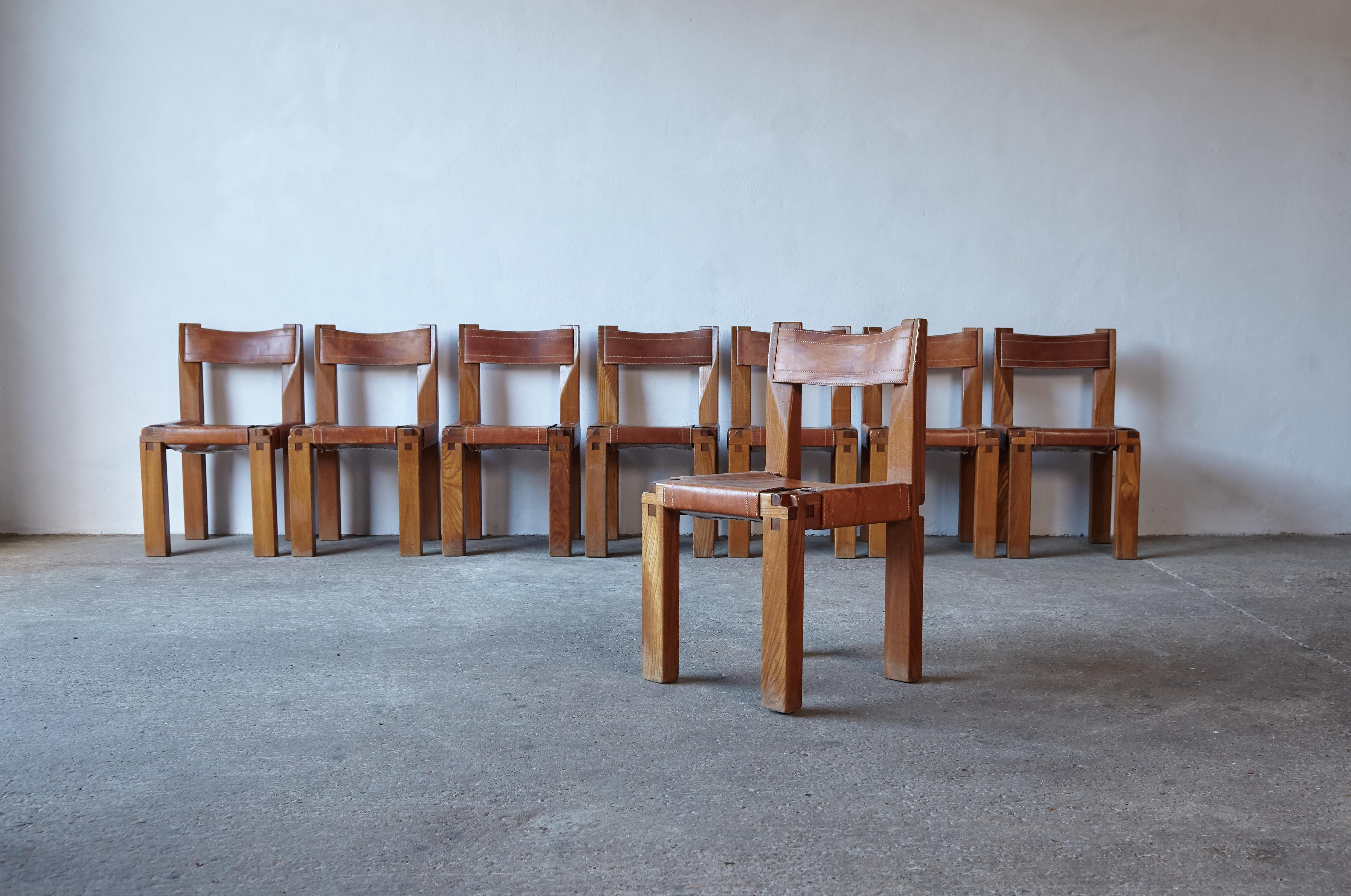 Leather Pierre Chapo S11 Chairs, Set of 8, France, 1960s