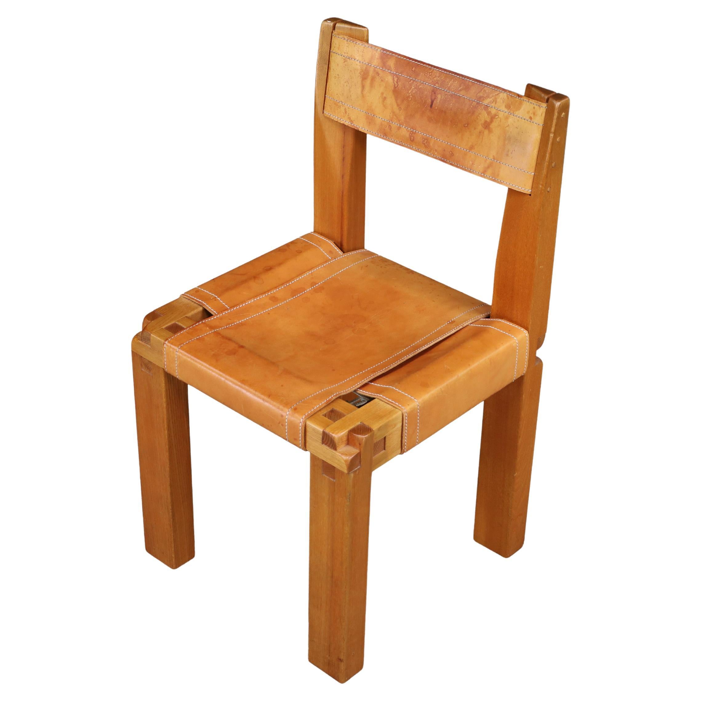 Pierre Chapo S11 Dining Chair in Elm and Cognac Leather, France, 1960s