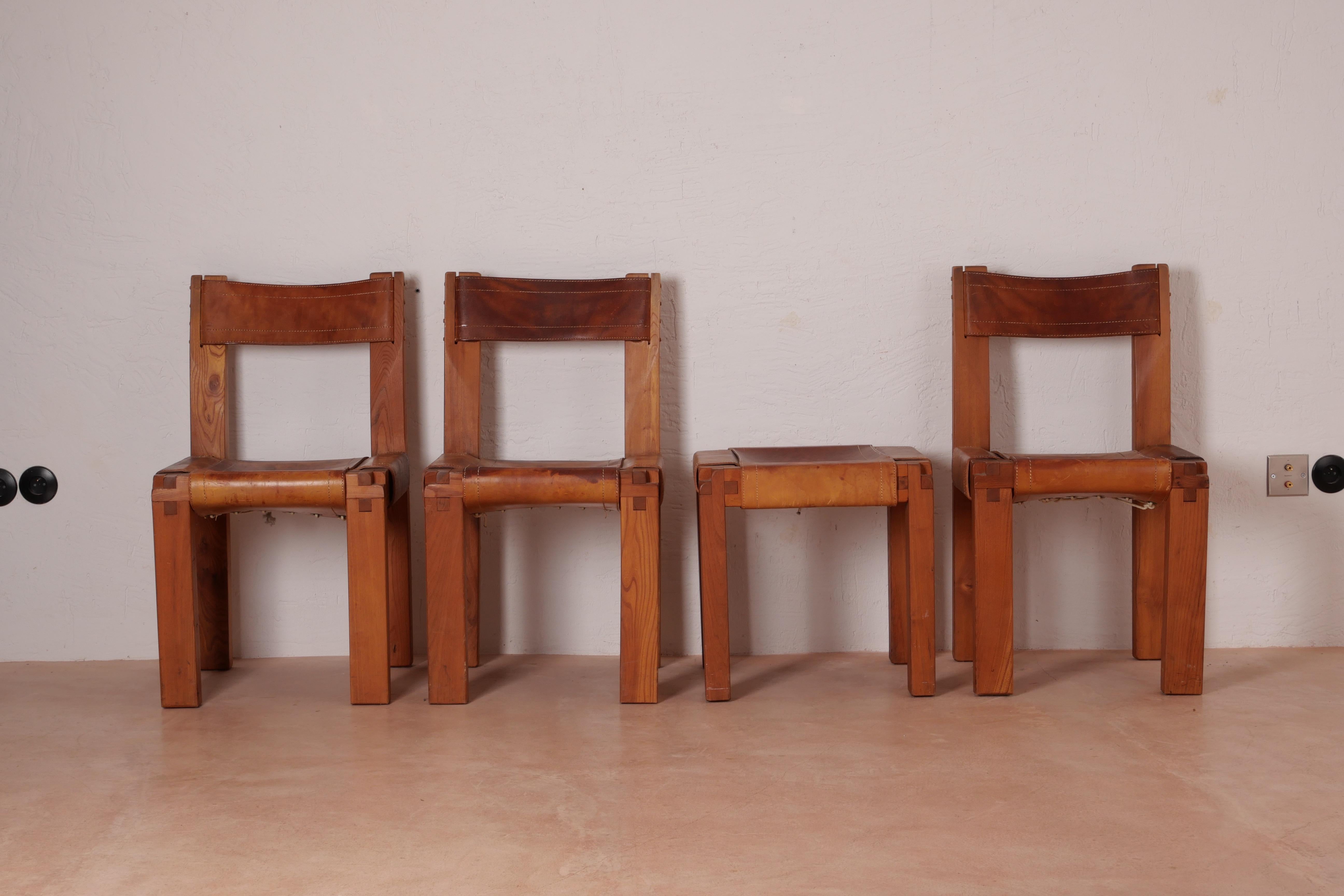 Mid-Century Modern Pierre Chapo S11 Dining Chair in Solid Elm, Set of Four, Produced in 1973