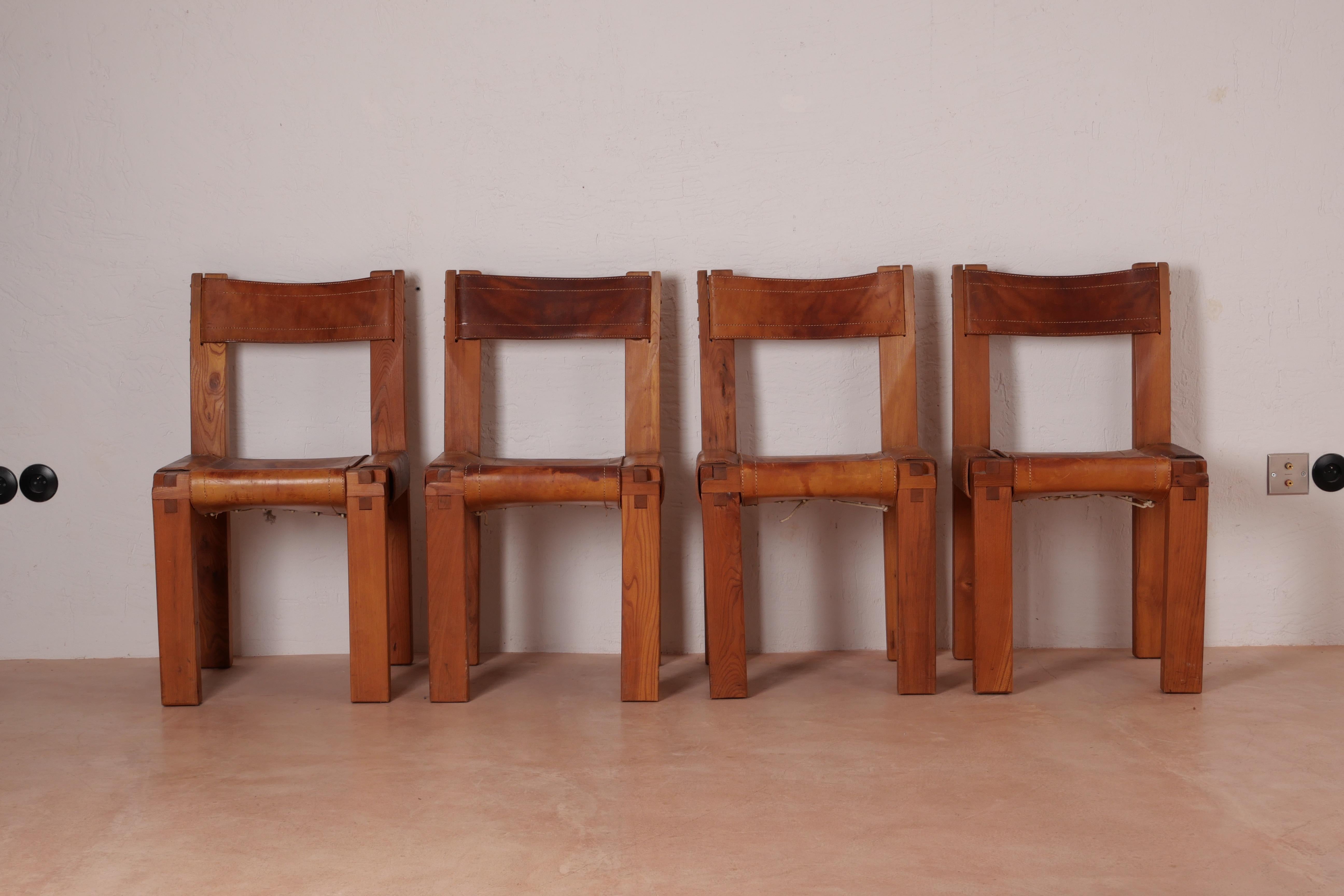 Leather Pierre Chapo S11 Dining Chair in Solid Elm, Set of Four, Produced in 1973