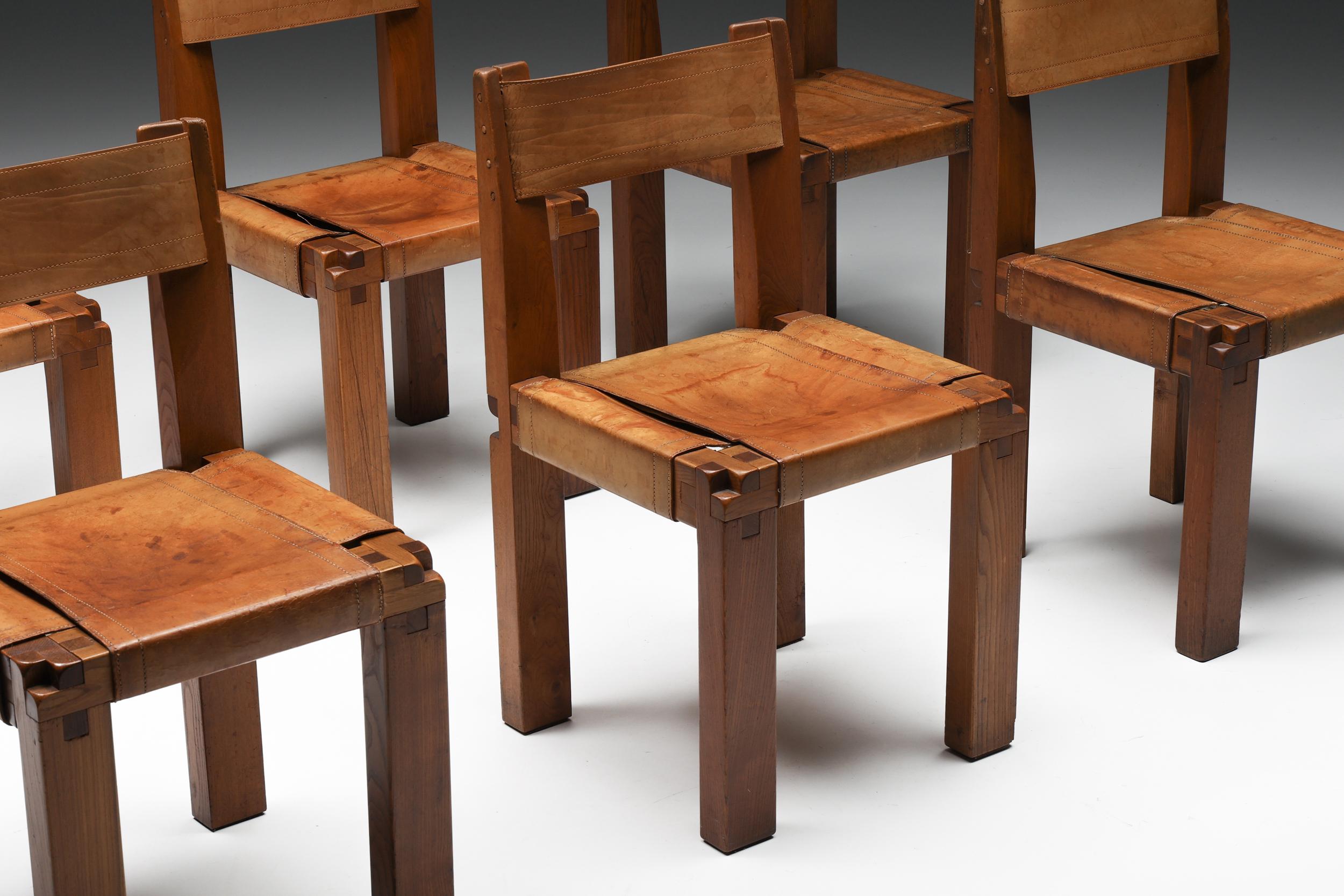 Pierre Chapo; S11 dining chairs; Solid Elm; Leather; 1960's; France; 

Pierre Chapo S11 solid elm and leather dining chairs were designed in the 1960s in France. These chairs have a cubic design of solid elmwood with a natural leather back and