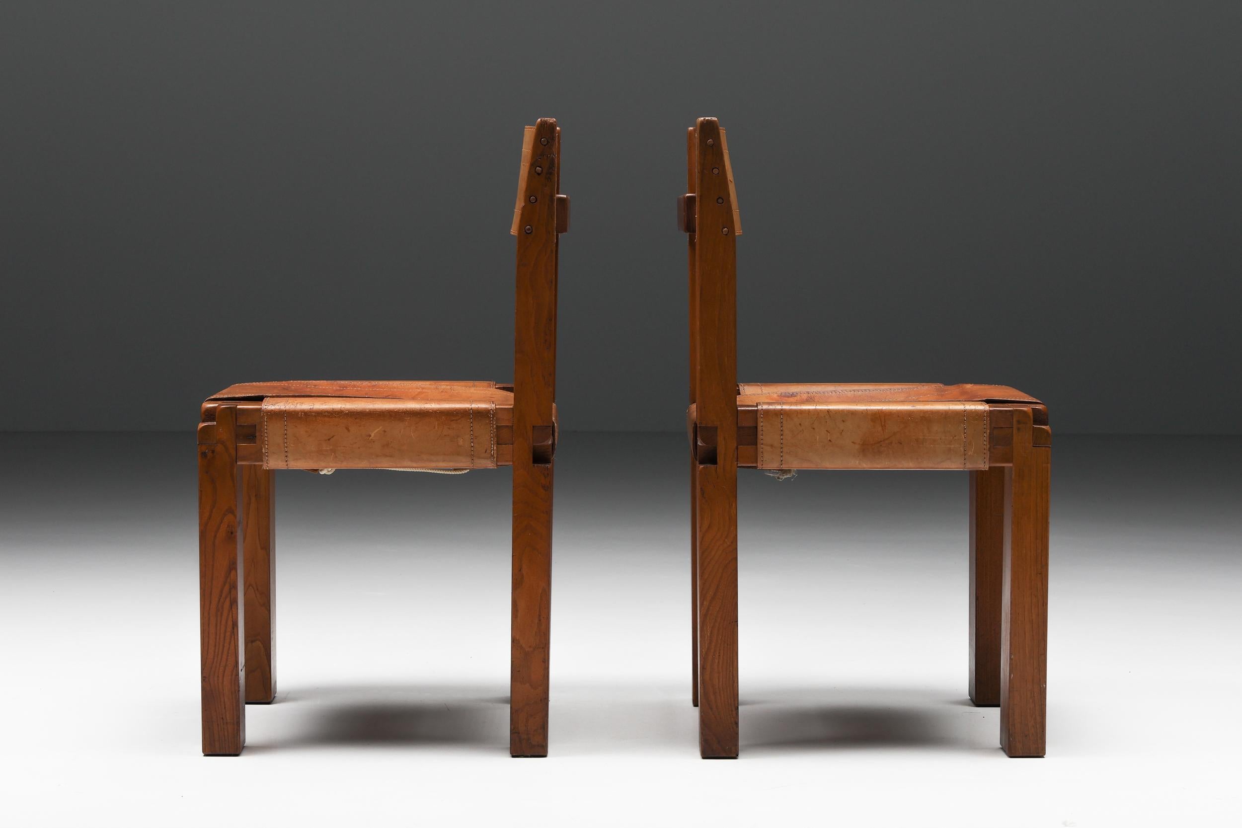Pierre Chapo S11 Solid Elm & Leather Dining Chairs, Wood Joints Detail, 1960's In Good Condition In Antwerp, BE