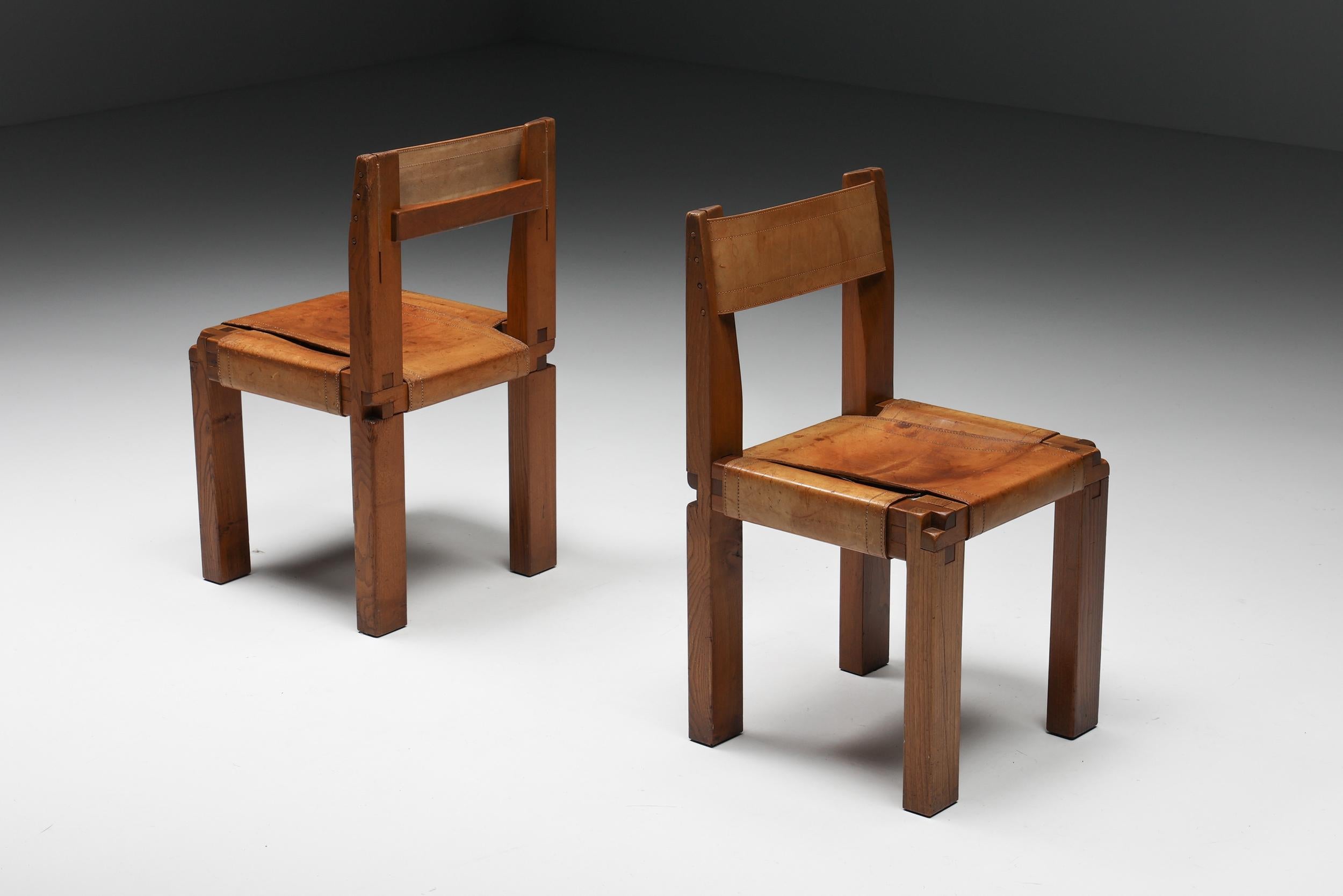 Mid-20th Century Pierre Chapo S11 Solid Elm & Leather Dining Chairs, Wood Joints Detail, 1960's