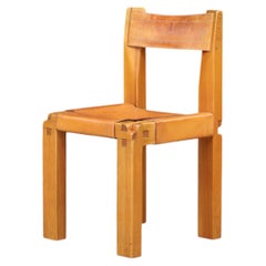 Sedia da pranzo Pierre Chapo S11X in olmo massiccio e pelle patinata originale 1966