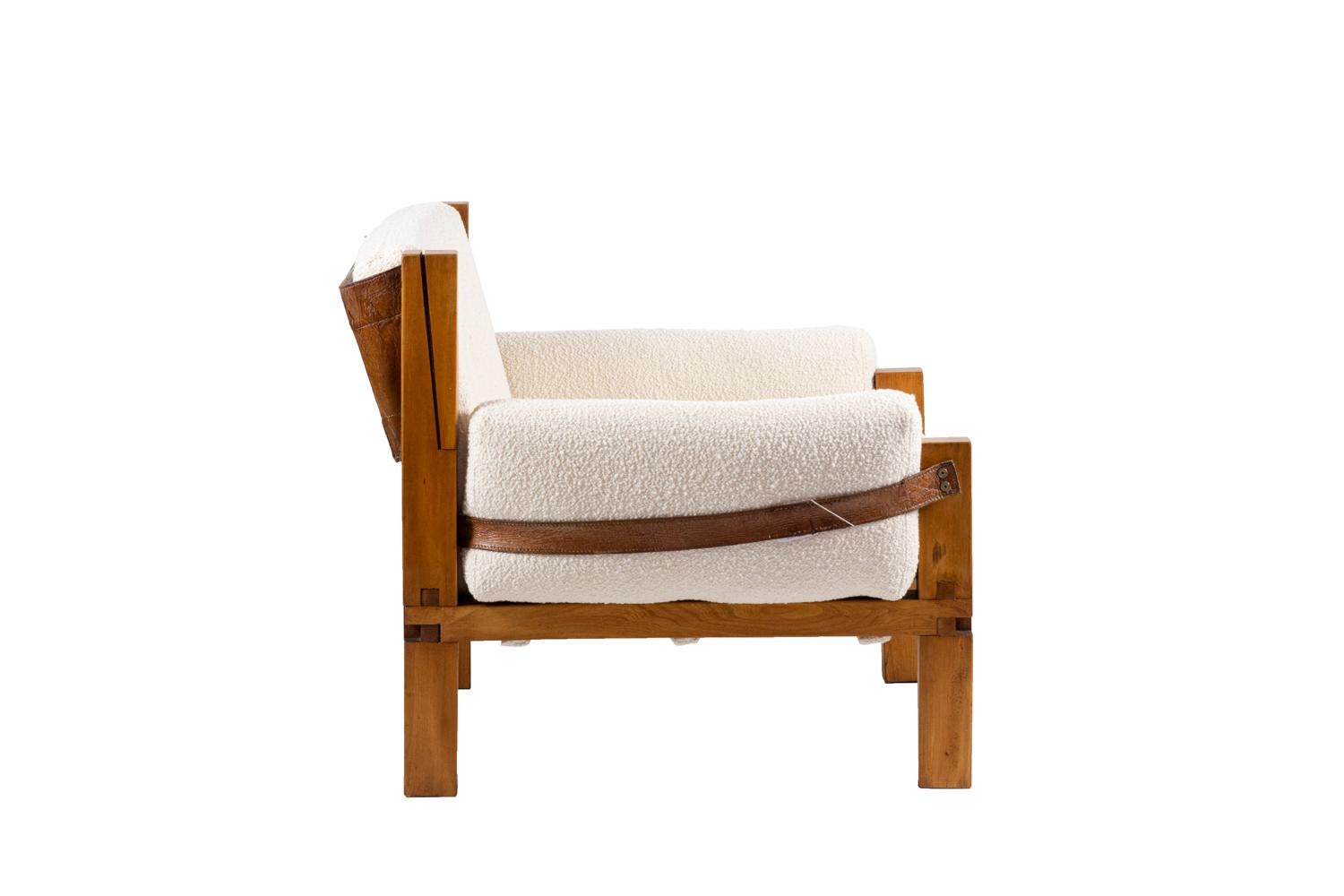 European Pierre Chapo, S15 Armchair in Elm Fabric and Leather, 1960s