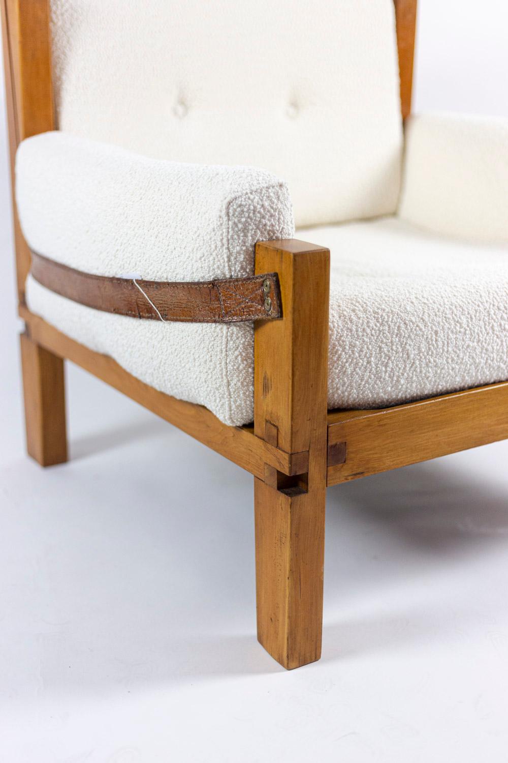 Mid-20th Century Pierre Chapo, S15 Armchair in Elm Fabric and Leather, 1960s