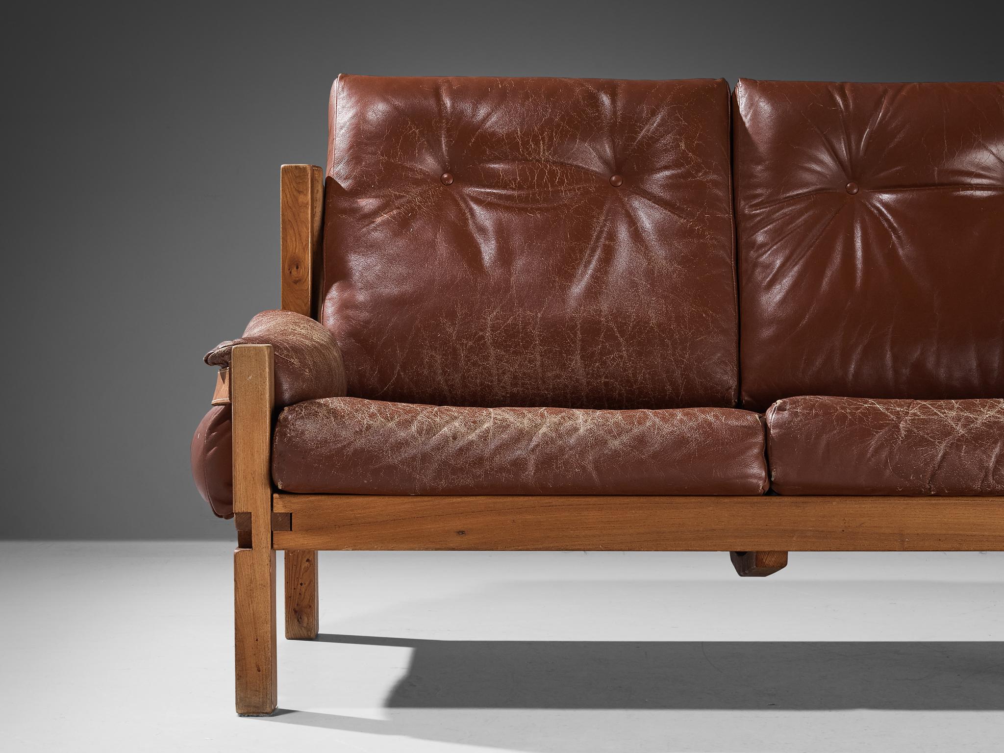 Early Pierre Chapo 'S22' Sofa in Elm and Leather In Good Condition For Sale In Waalwijk, NL
