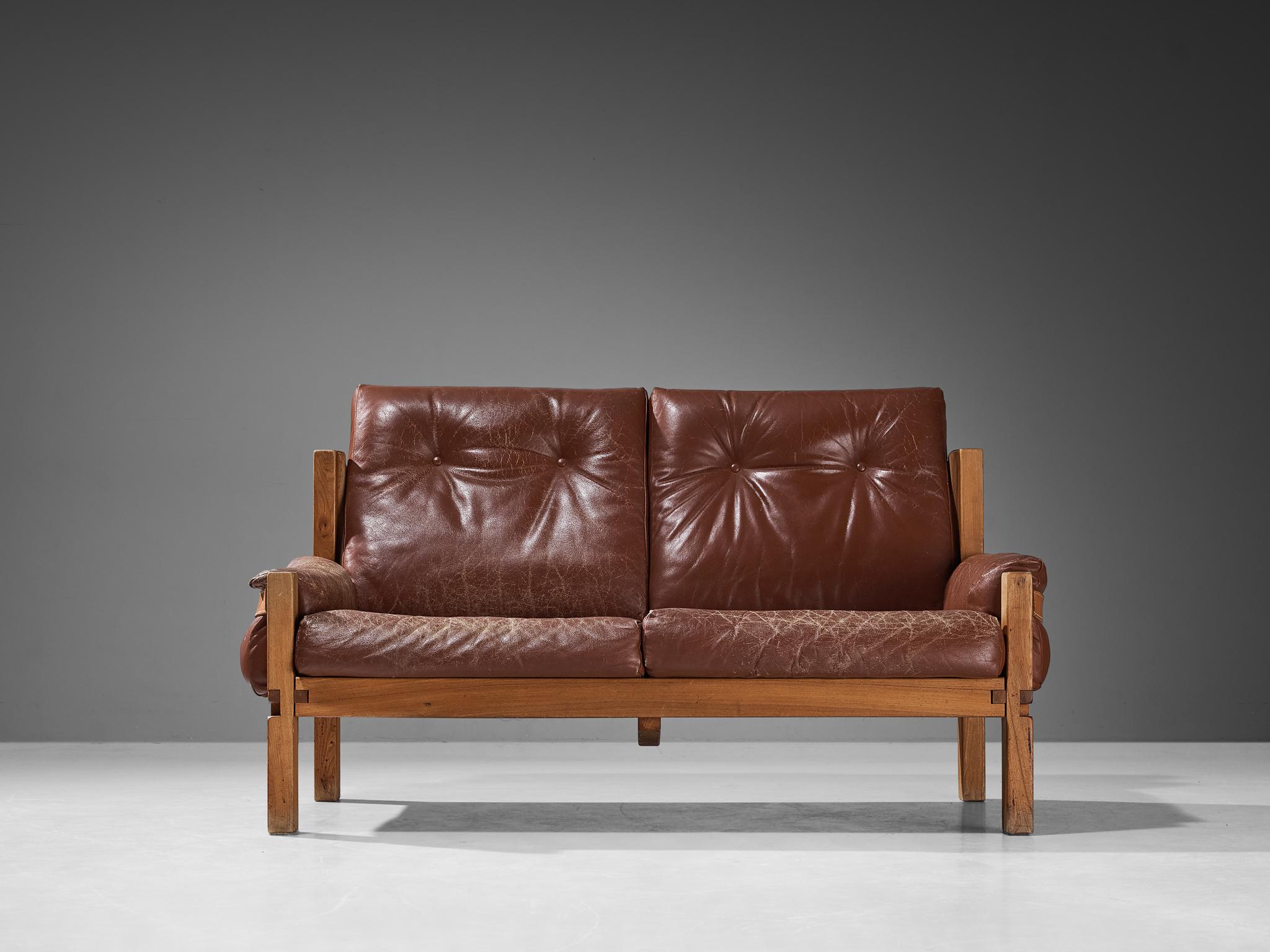 Mid-20th Century Early Pierre Chapo 'S22' Sofa in Elm and Leather For Sale