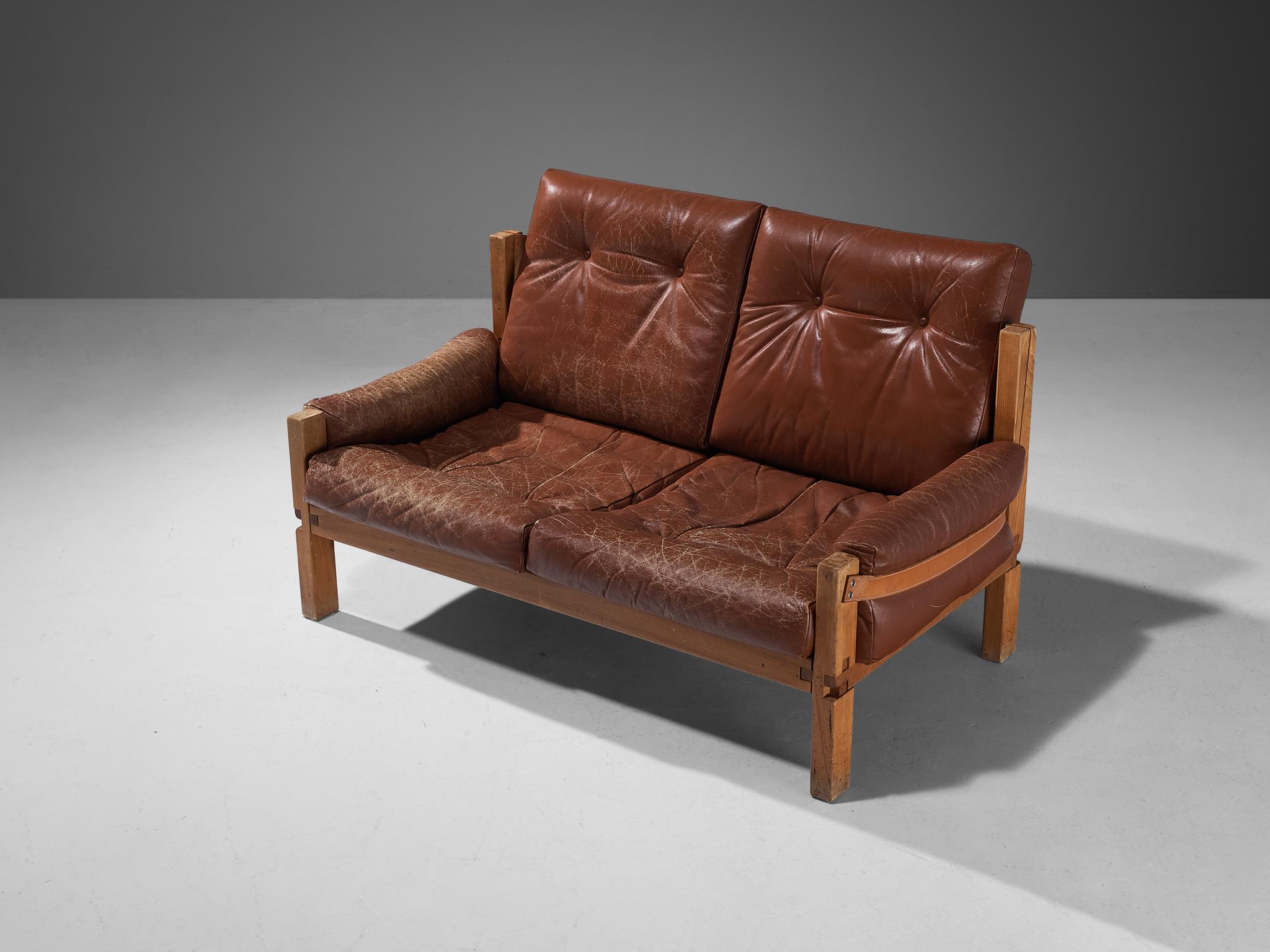Early Pierre Chapo 'S22' Sofa in Elm and Leather For Sale 2