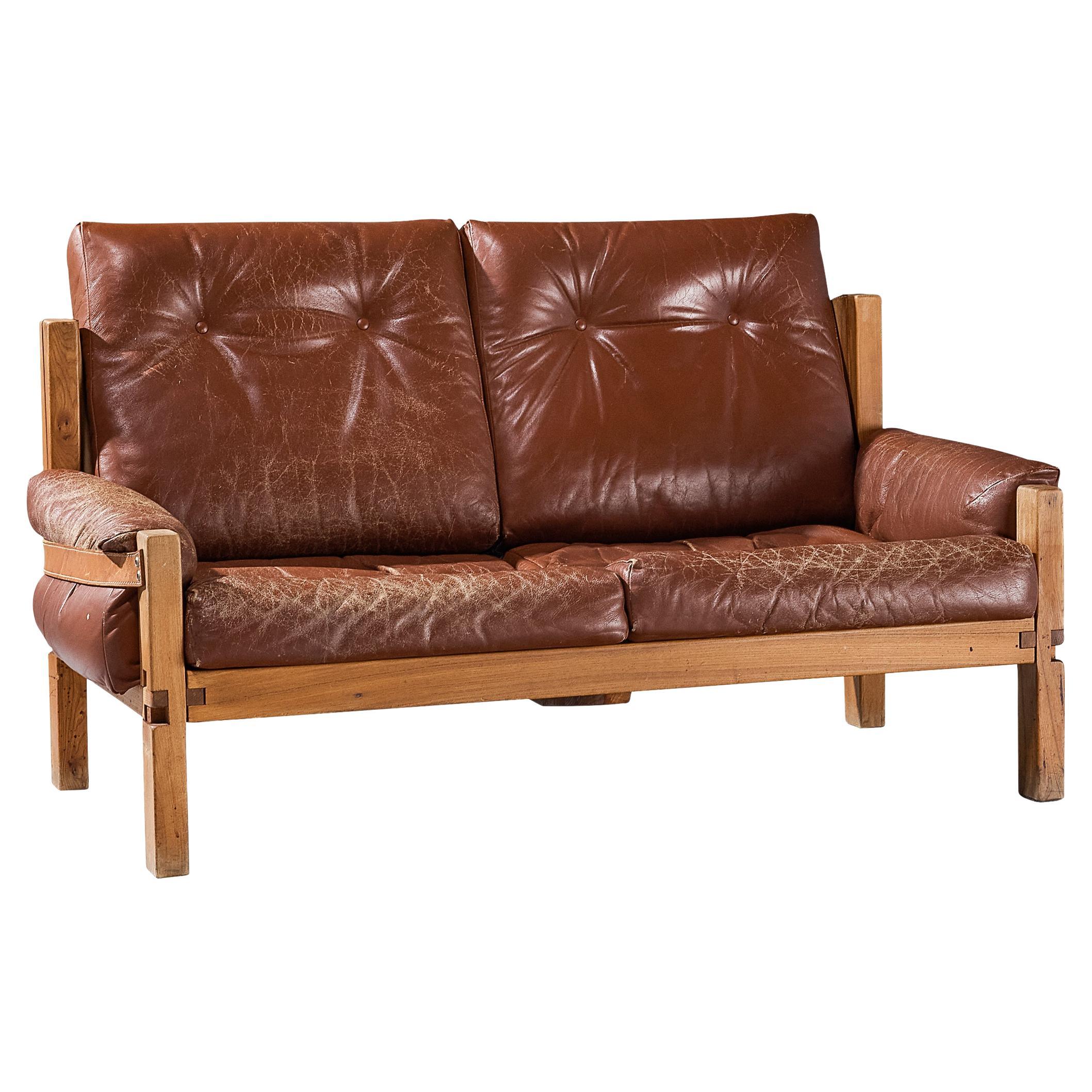 Early Pierre Chapo 'S22' Sofa in Elm and Leather For Sale