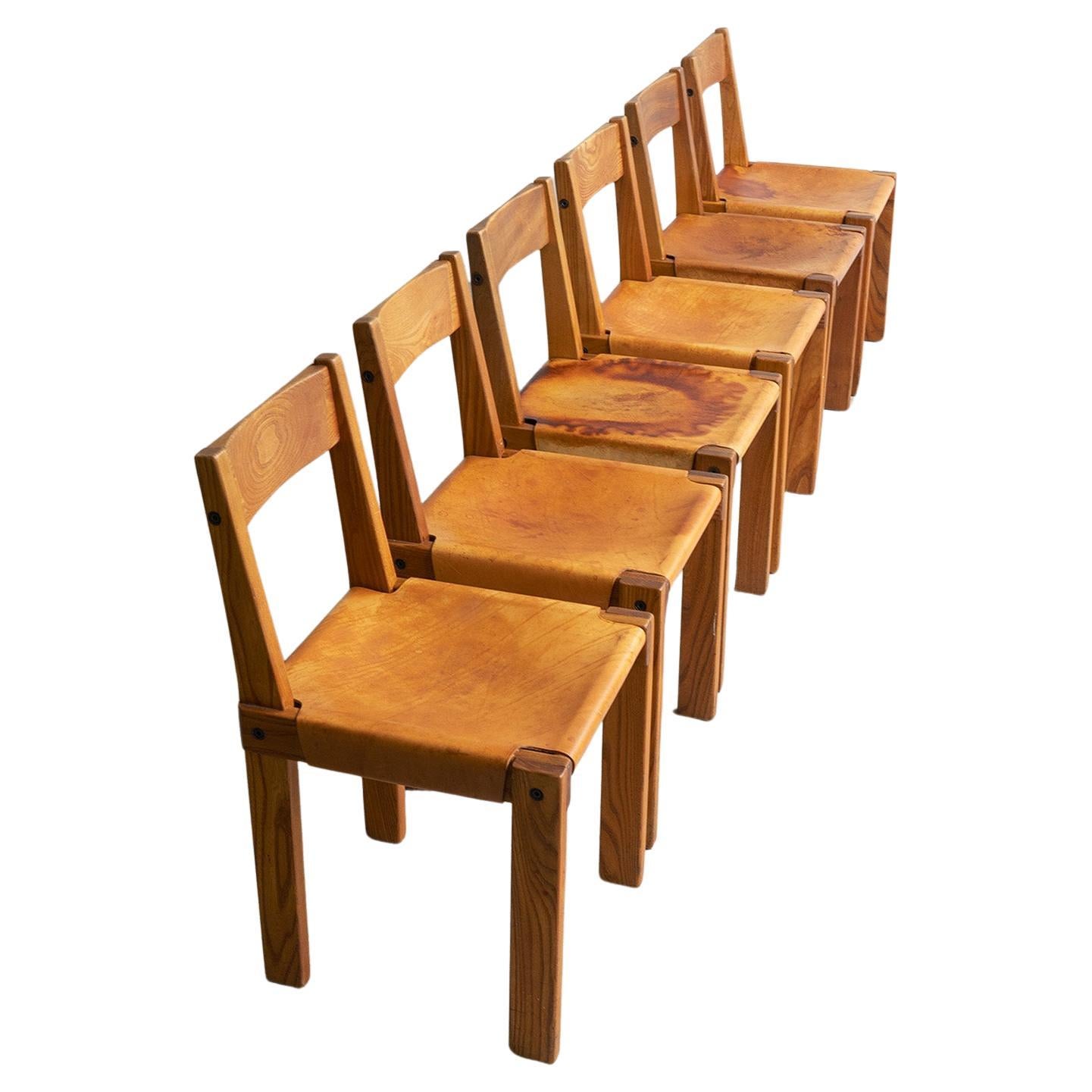 Pierre Chapo s24 Chairs in Elm and Leather France 1960 Set of 6