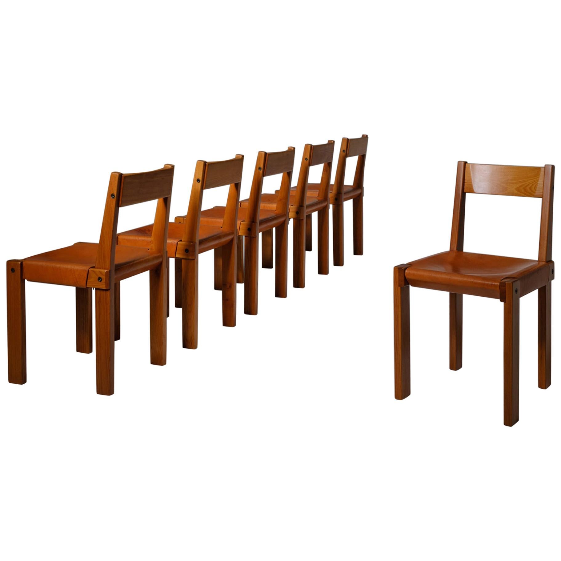 Pierre Chapo ‘S24’ Chairs in Solid Elm and Leather, France, 1960s