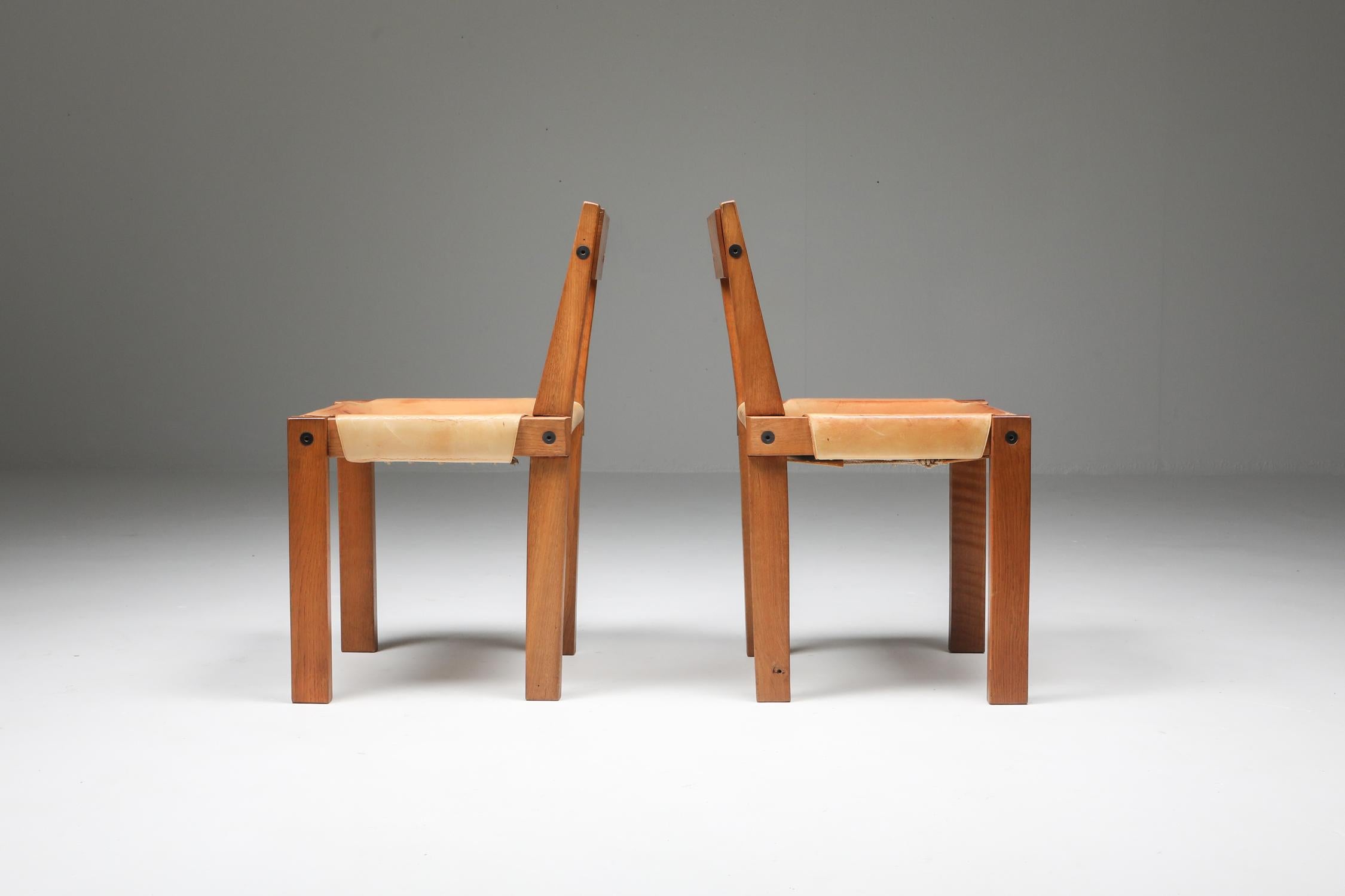 Pierre Chapo 'S24' Chairs in Solid Elm and Natural Leather 4