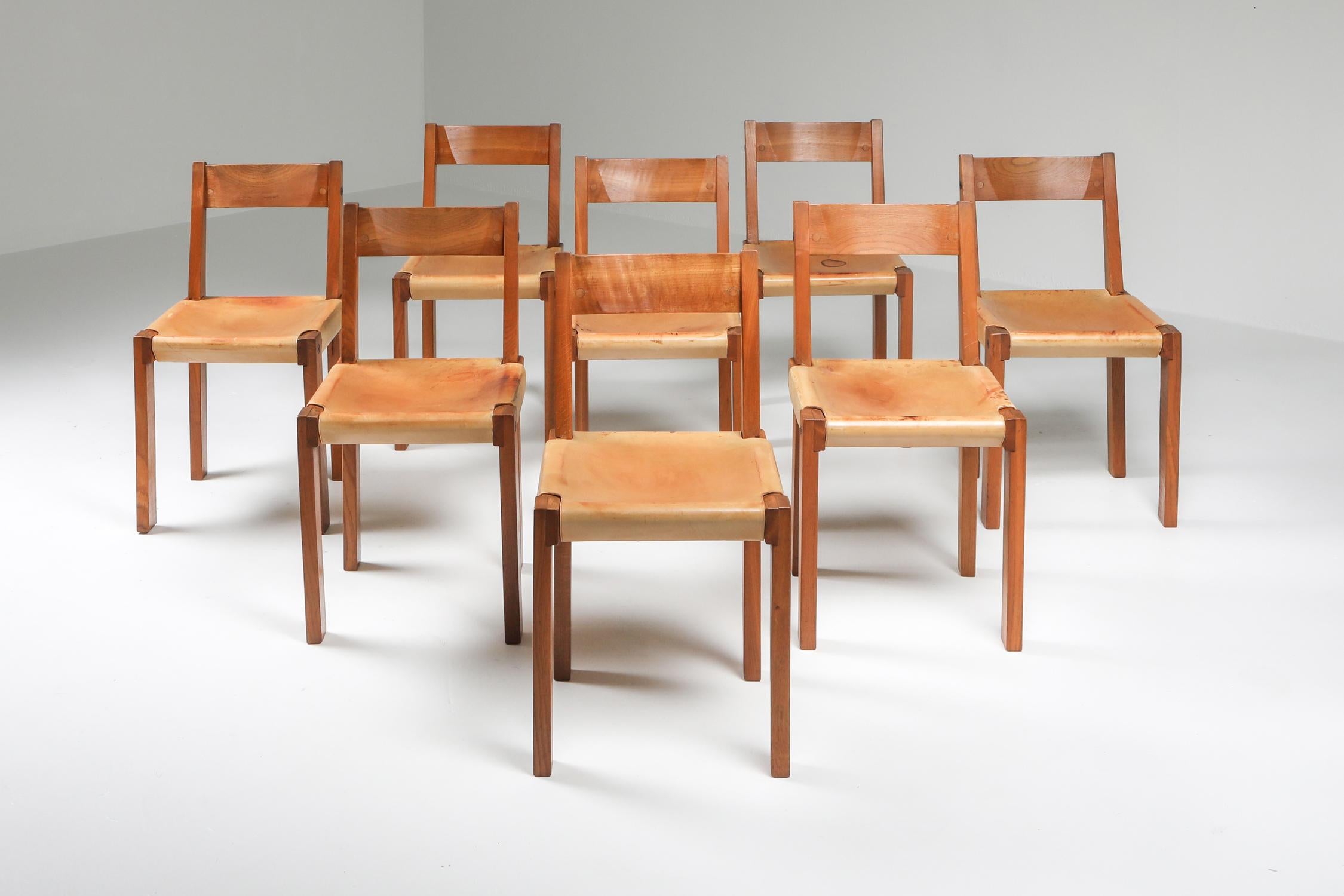 Mid-Century Modern Pierre Chapo 'S24' Chairs in Solid Elm and Natural Leather