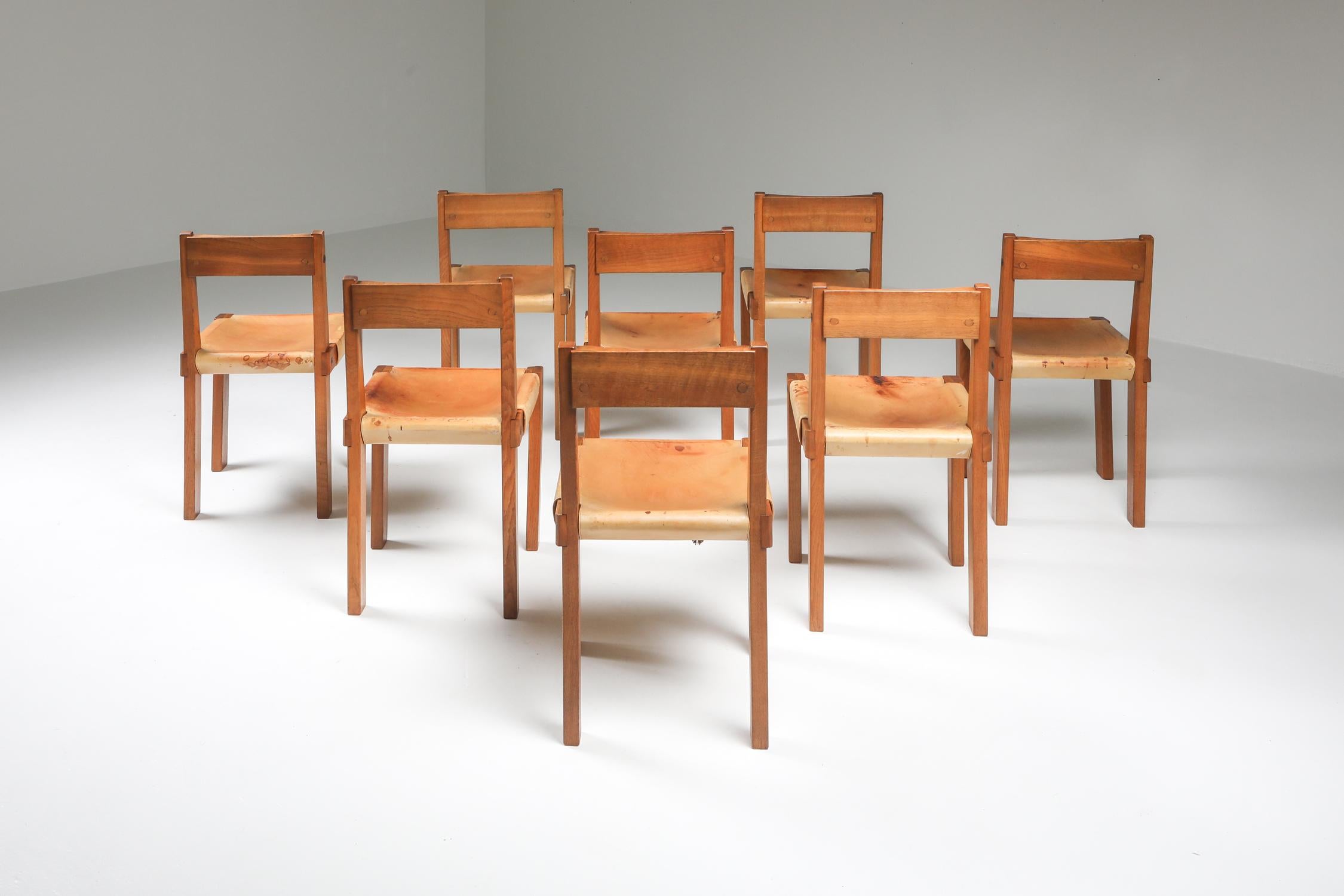 French Pierre Chapo 'S24' Chairs in Solid Elm and Natural Leather