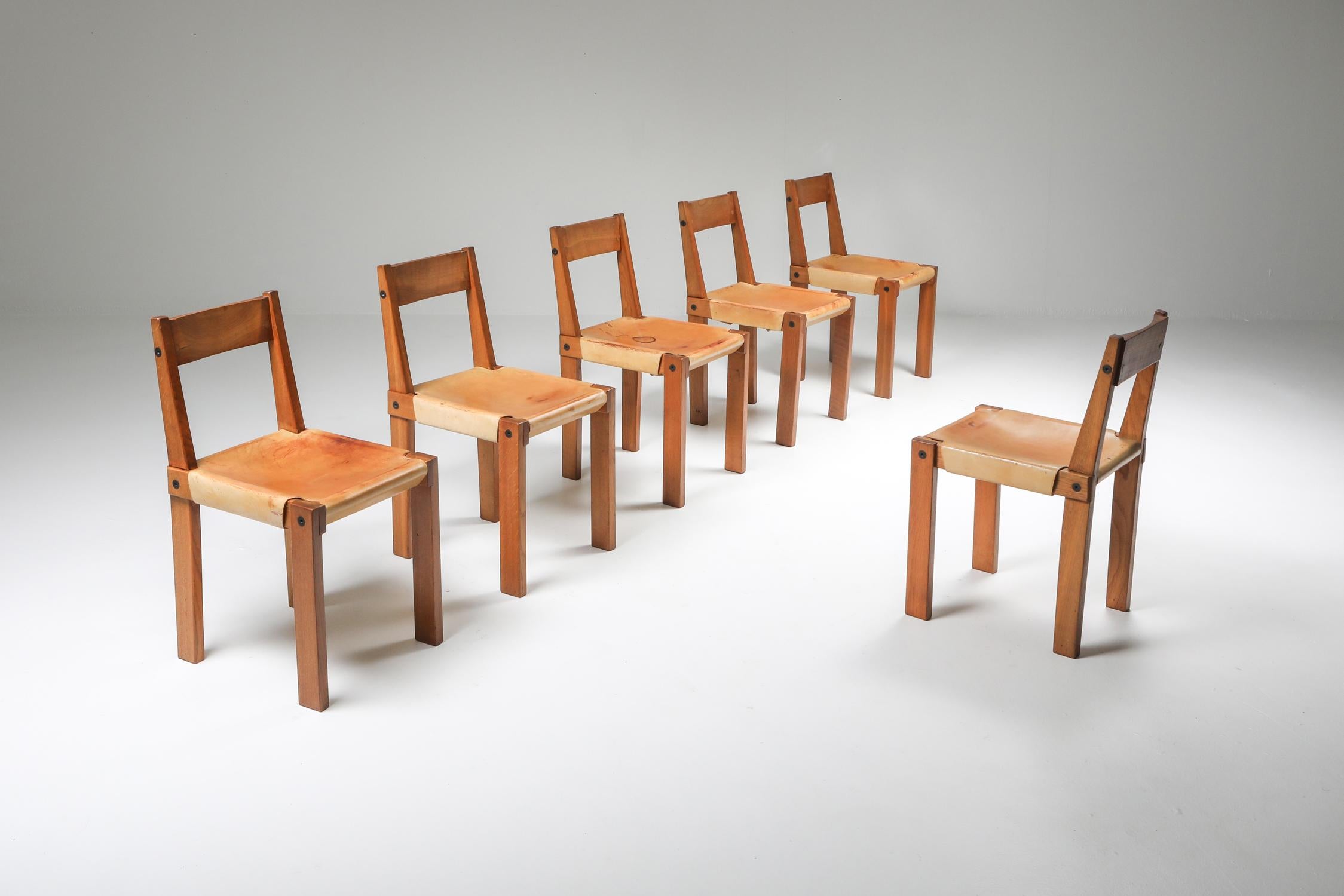 Pierre Chapo 'S24' Chairs in Solid Elm and Natural Leather In Good Condition In Antwerp, BE