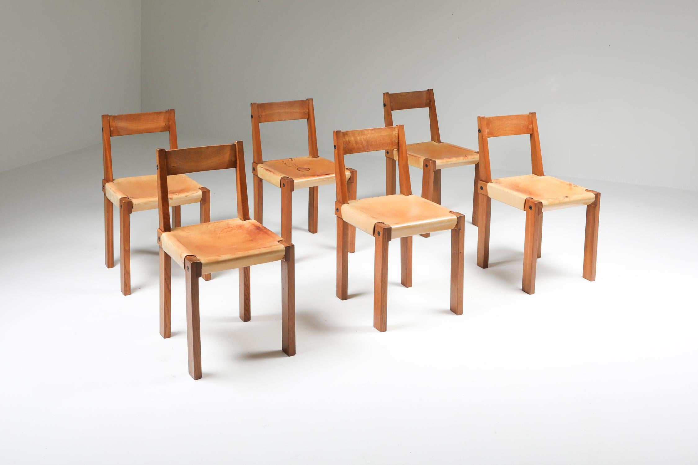 Mid-20th Century Pierre Chapo 'S24' Chairs in Solid Elm and Natural Leather