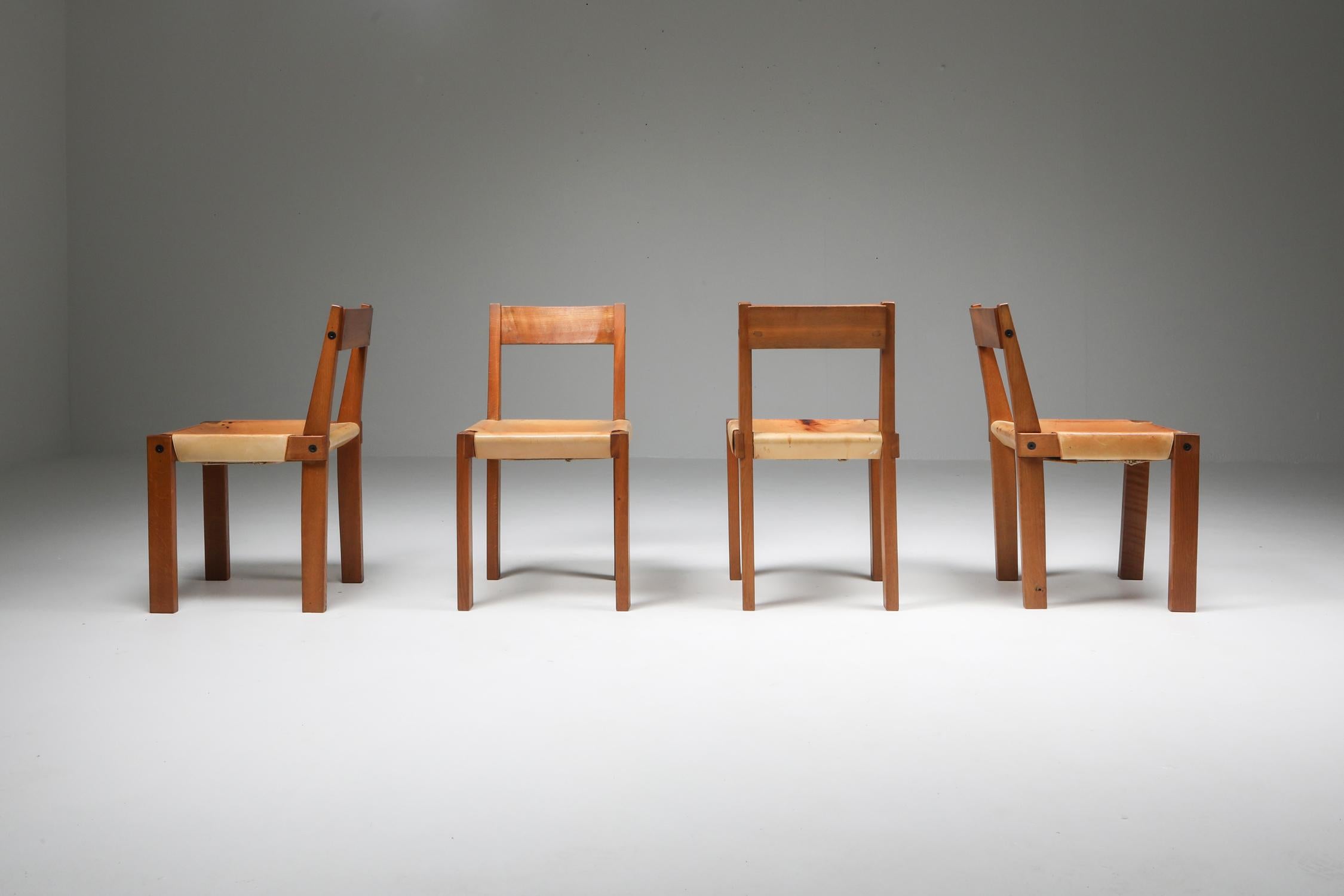 Pierre Chapo 'S24' Chairs in Solid Elm and Natural Leather 2