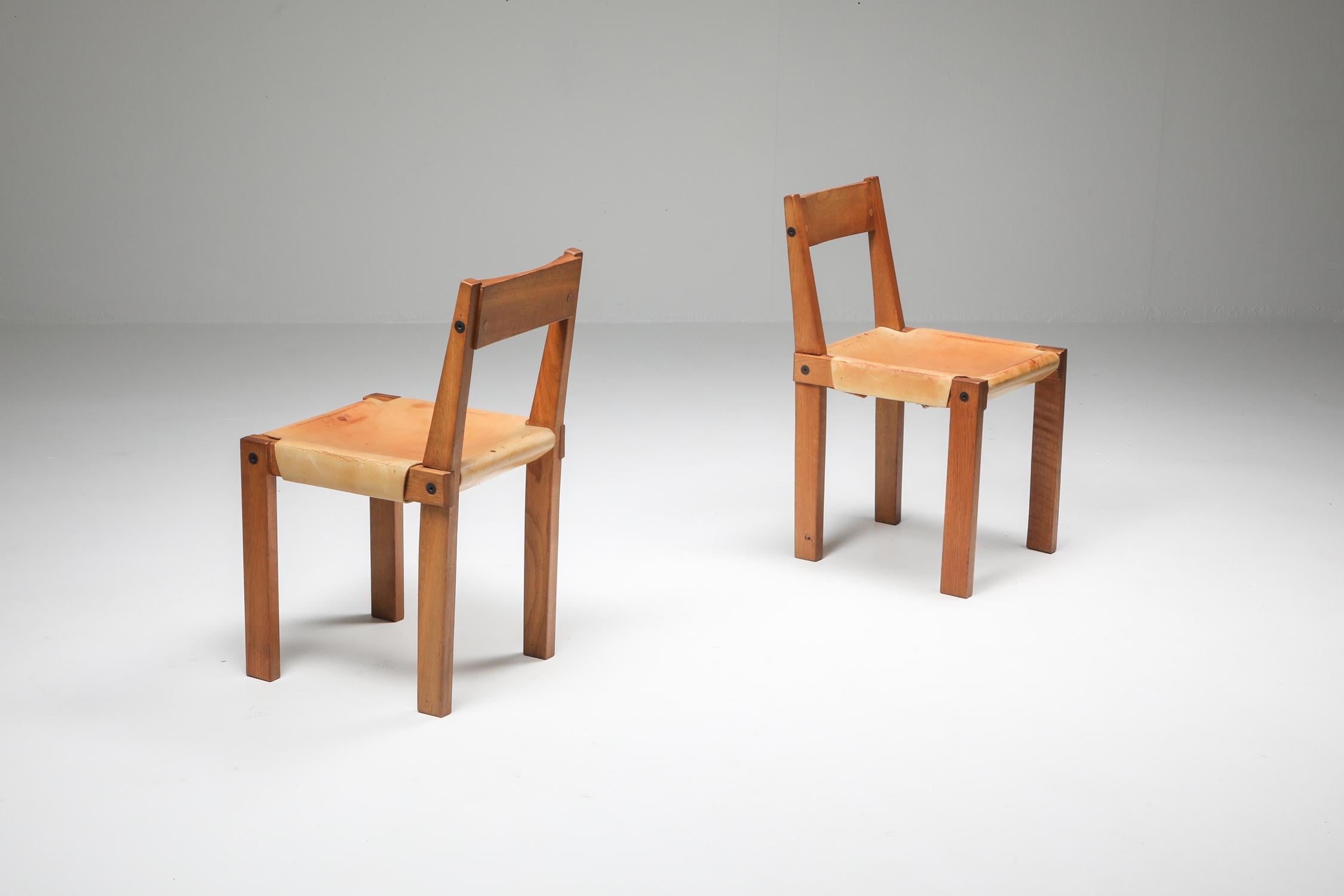 Pierre Chapo 'S24' Chairs in Solid Elm and Natural Leather 3