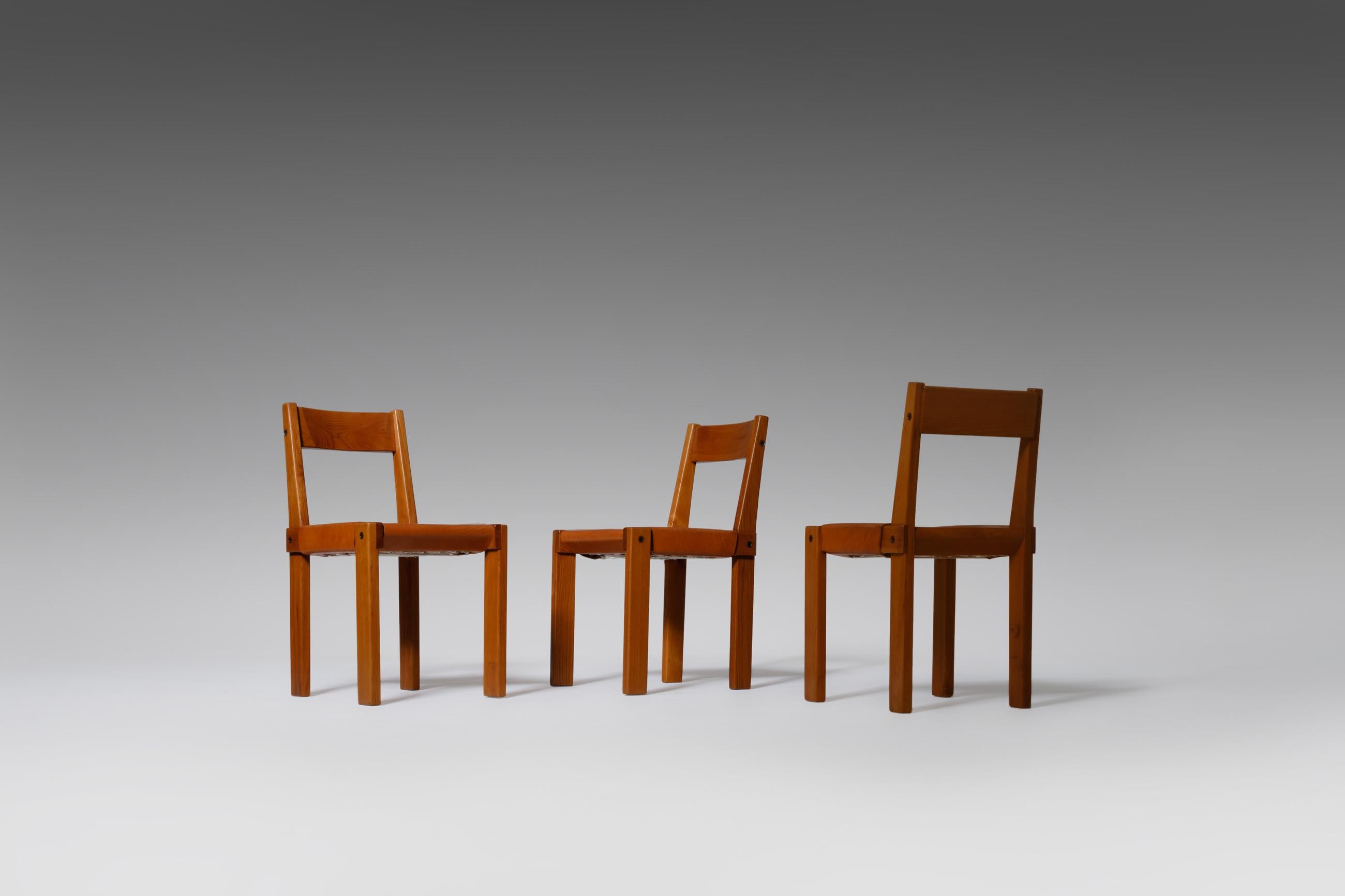 French Pierre Chapo ‘S24’ Chairs in Solid Elm and Leather, France, 1960s