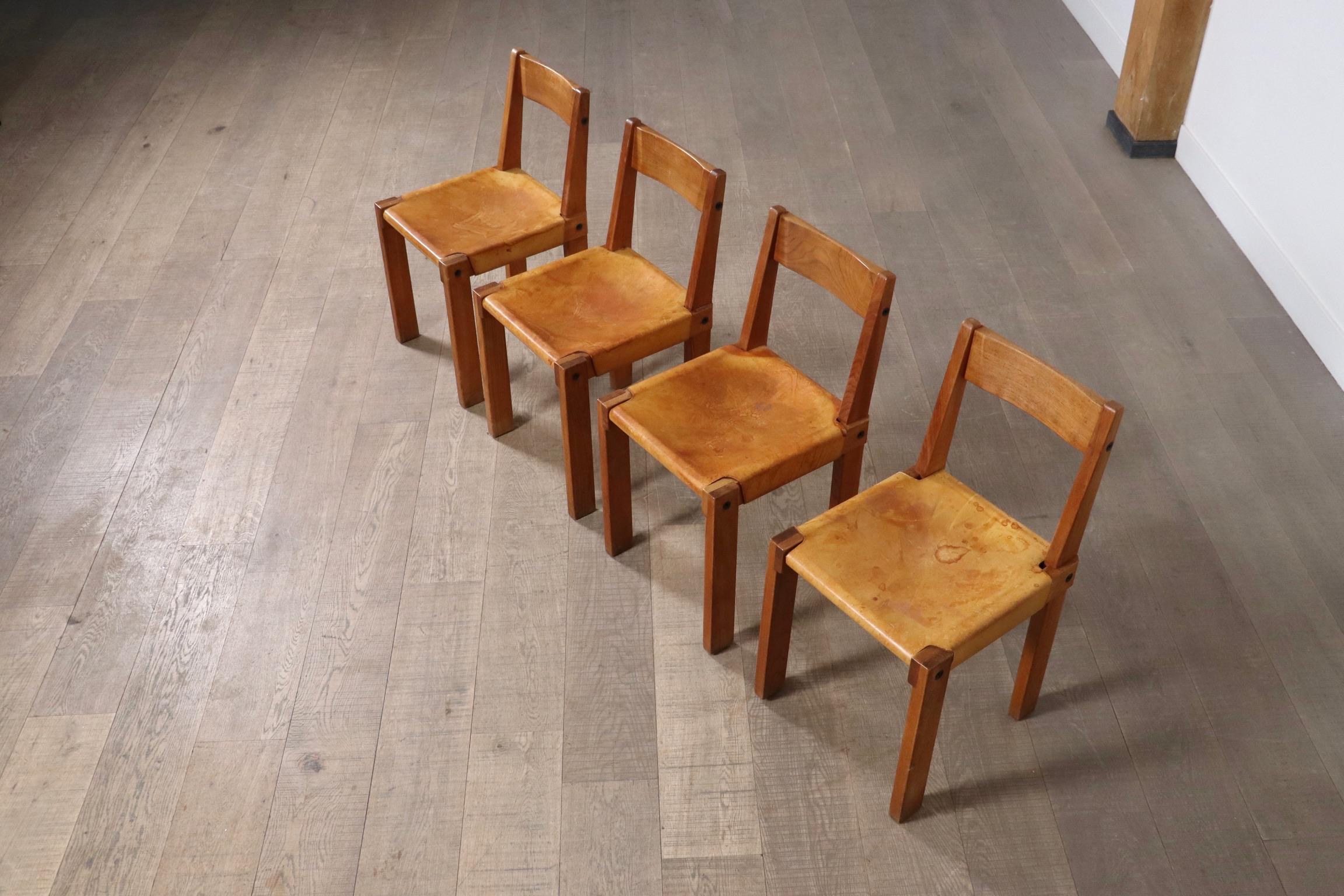 Leather Pierre Chapo S24 Dining Chairs, France, 1960s