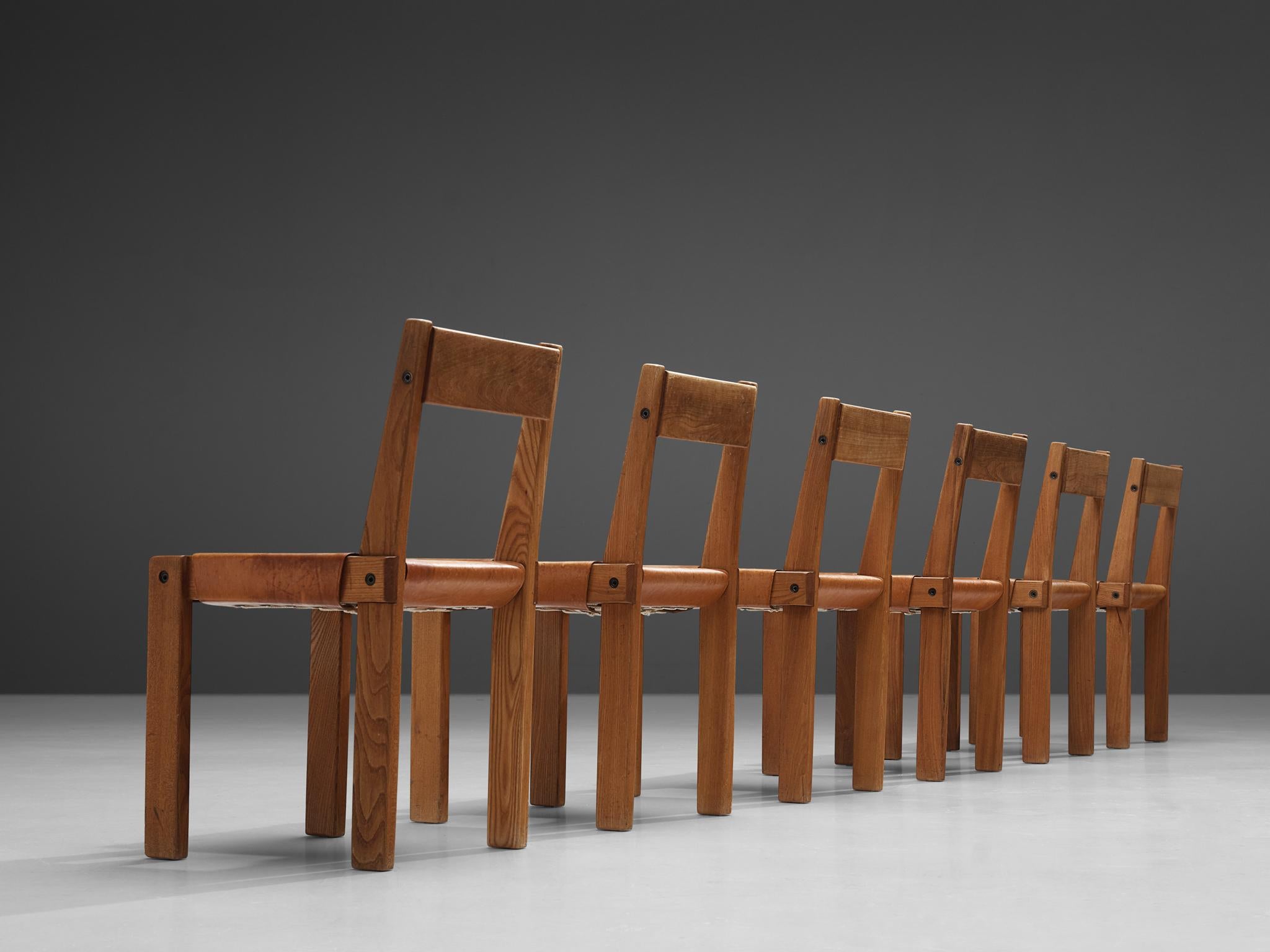 Pierre Chapo 'S24' Dining Chairs in Solid Elm and Cognac Leather 4