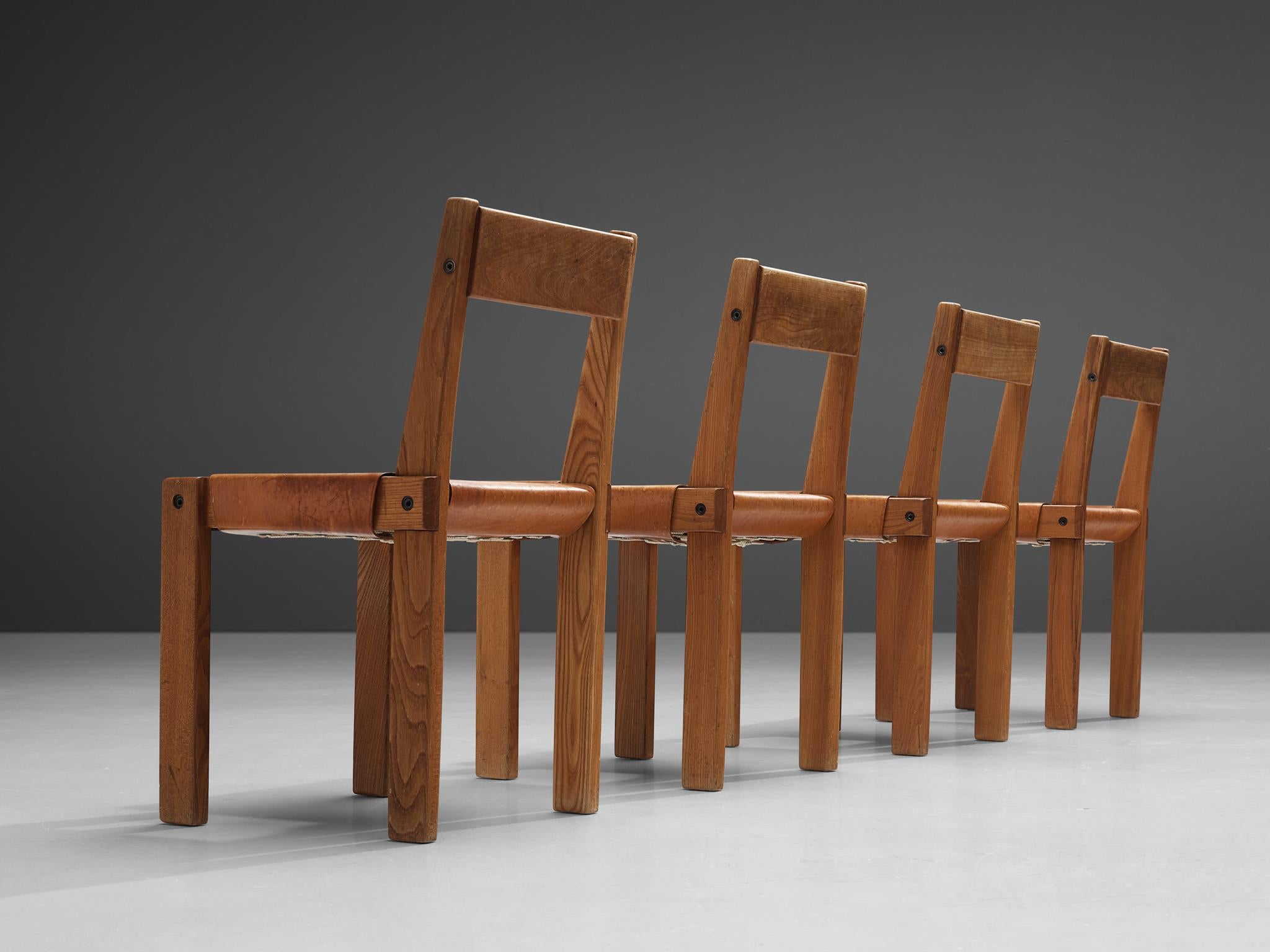 Pierre Chapo 'S24' Dining Chairs in Solid Elm and Cognac Leather 5