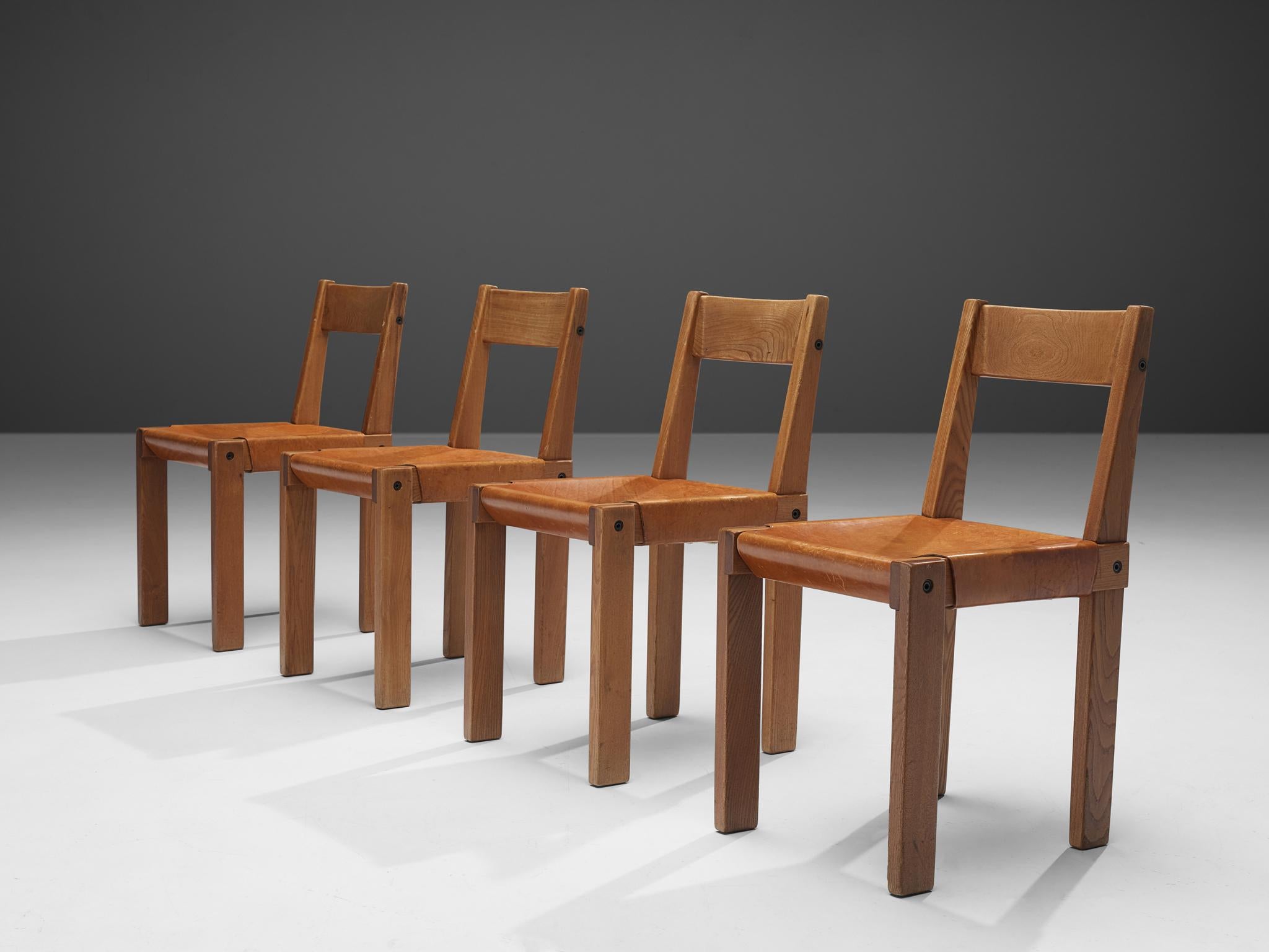 Pierre Chapo 'S24' Dining Chairs in Solid Elm and Cognac Leather 6