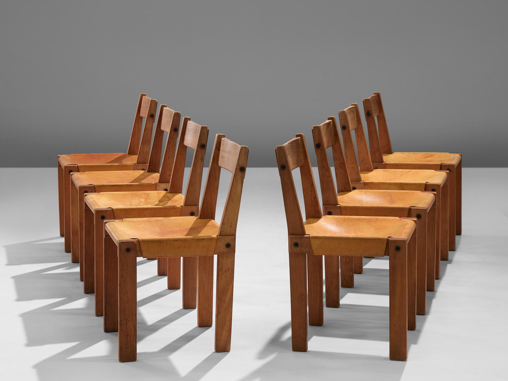 Pierre Chapo, set of eight dining chairs, model S24, elm and leather, France, circa 1966.

A set of 8 chairs in solid elmwood with saddle leather seating and back. Designed by French designer Pierre Chapo in Paris. These chairs have a cubic design