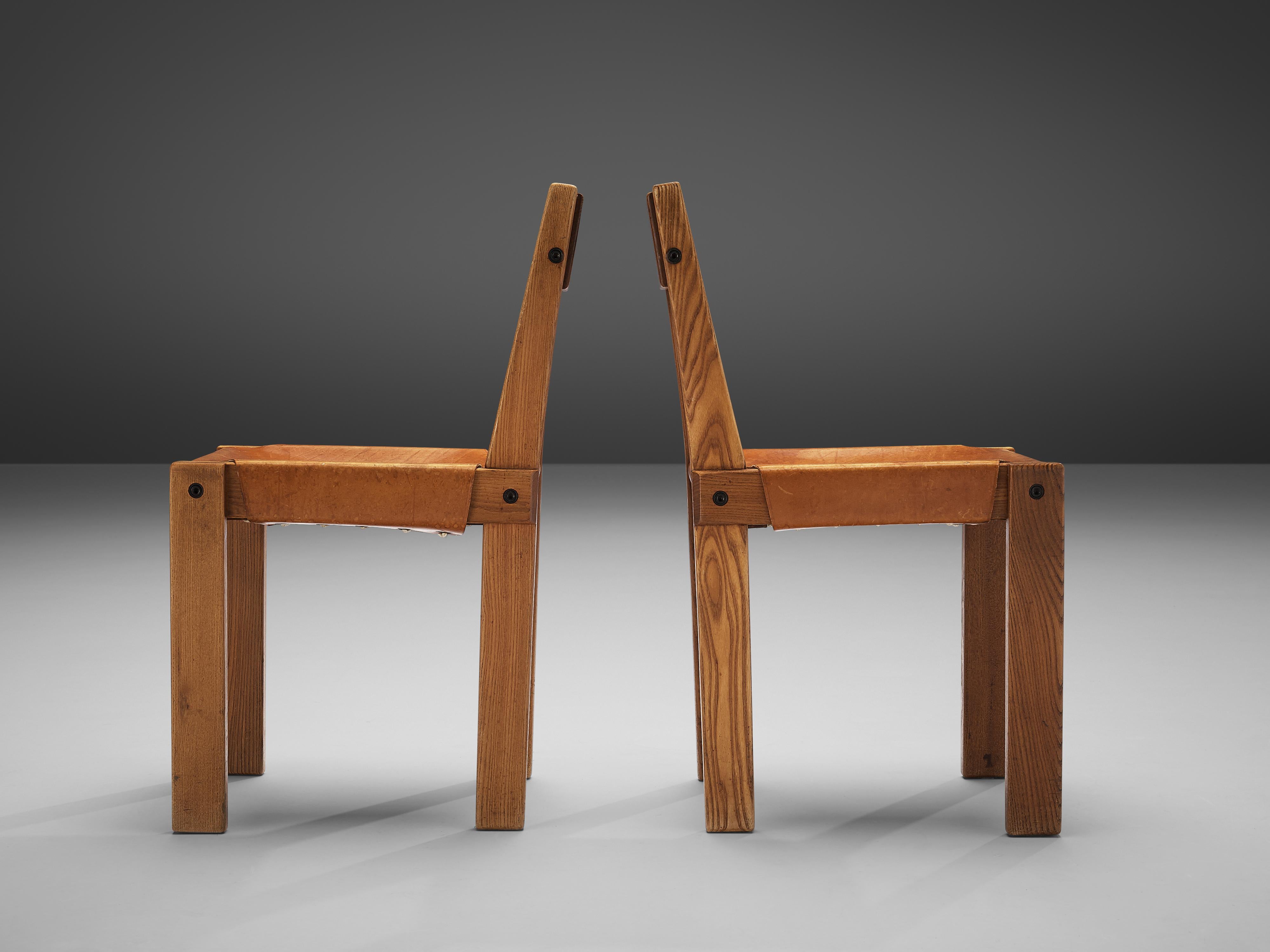 Mid-Century Modern Pierre Chapo 'S24' Dining Chairs in Solid Elm and Cognac Leather