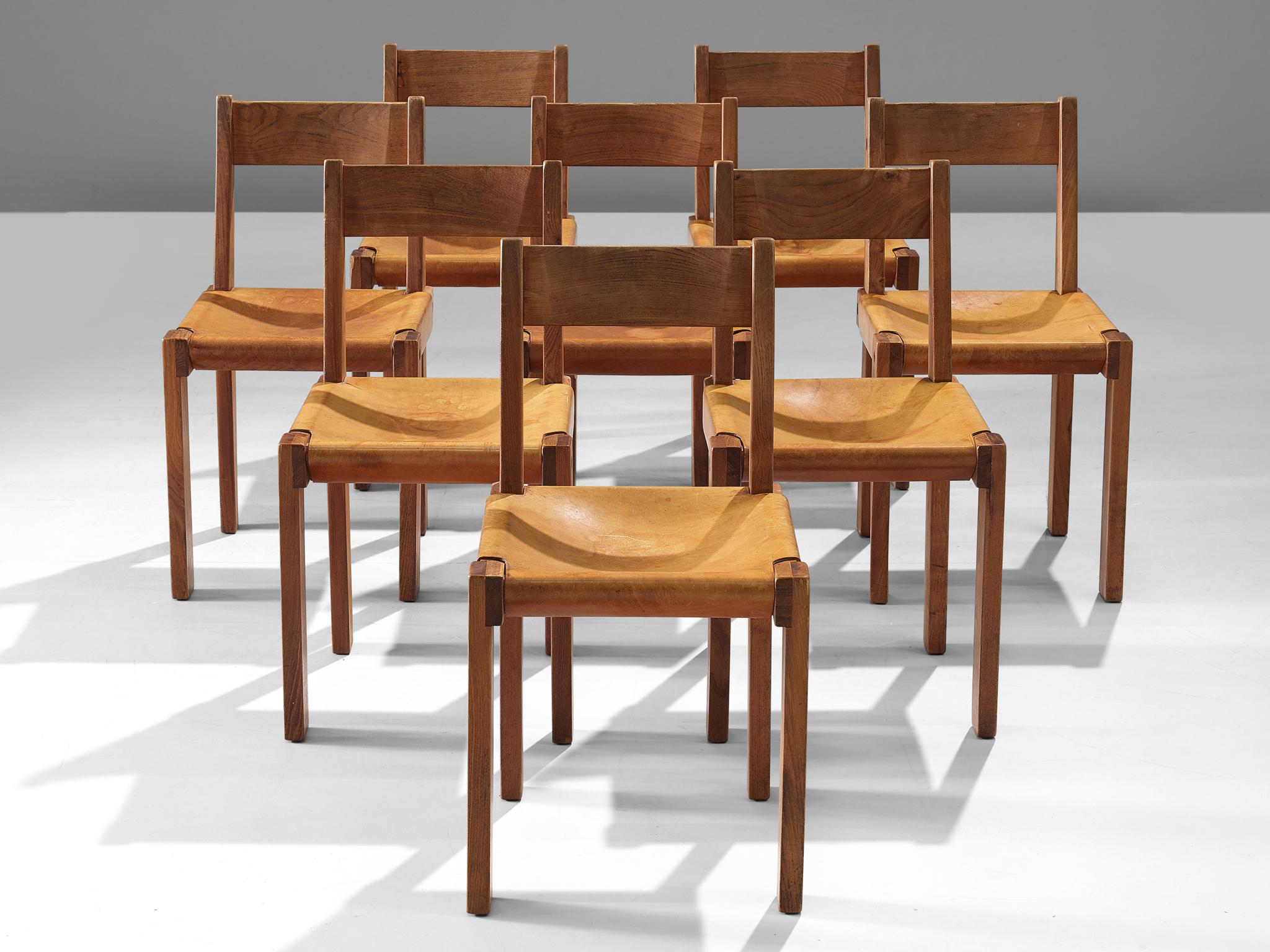 French Pierre Chapo S24 Dining Chairs in Solid Elm and Cognac Leather