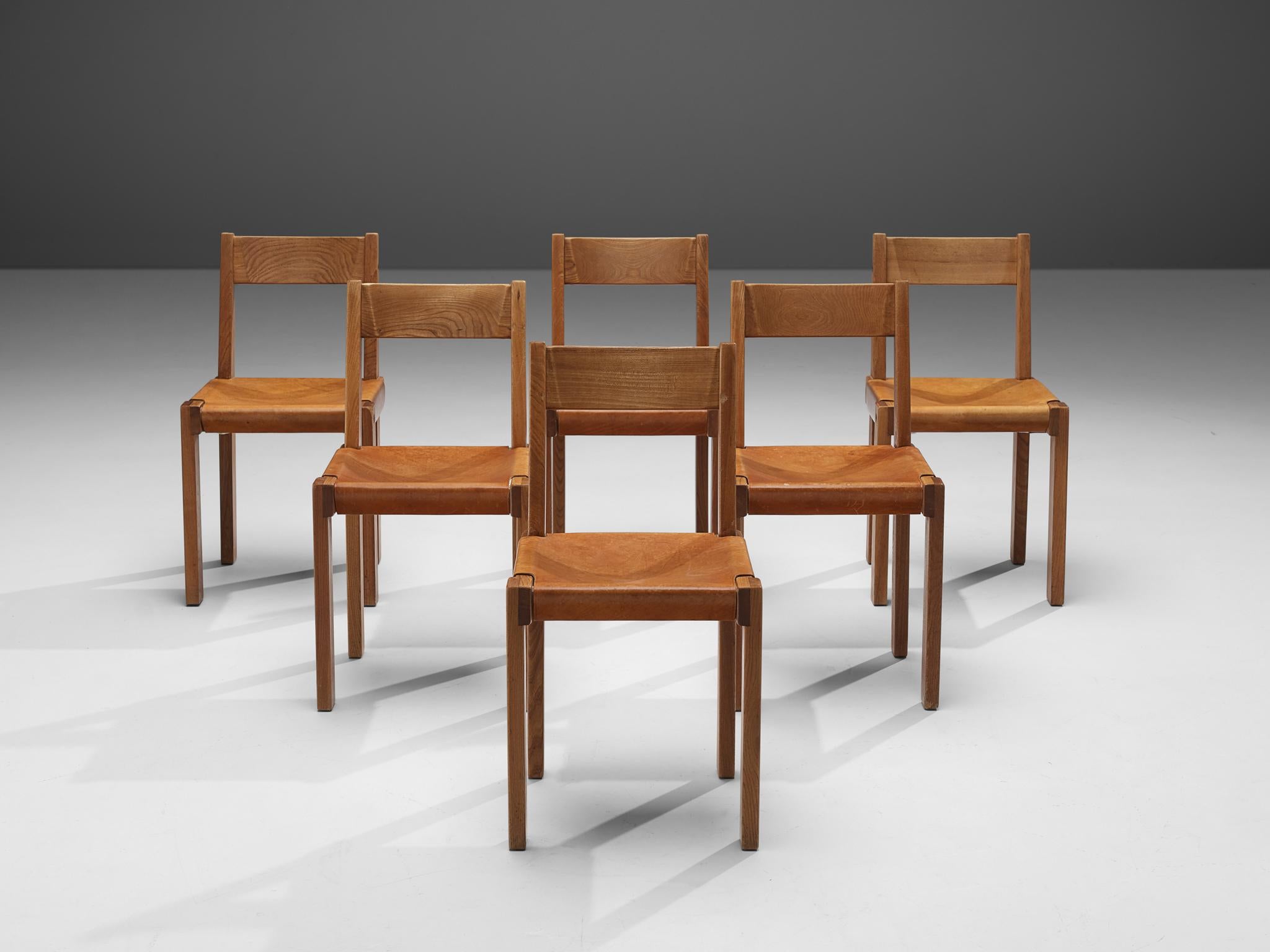 French Pierre Chapo 'S24' Dining Chairs in Solid Elm and Cognac Leather